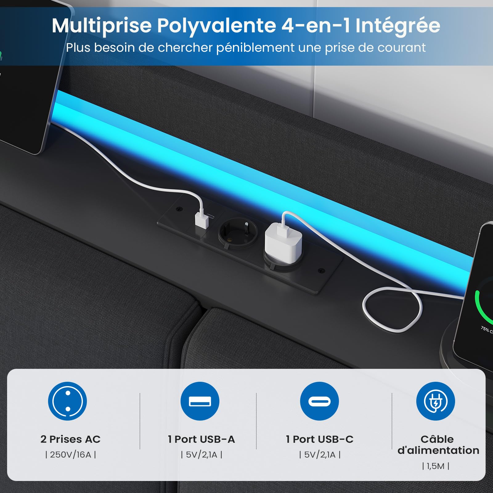 Brinlawb Lit Flottant 180x200 cm avec Dossier Confortable Incliné Rembourré et Rangement Caché, Lit 180x200 avec Sommier avec Éclairage LED et Multiprise (2 Prises AC, 1 USB-A et 1 USB-C) Lin Gris