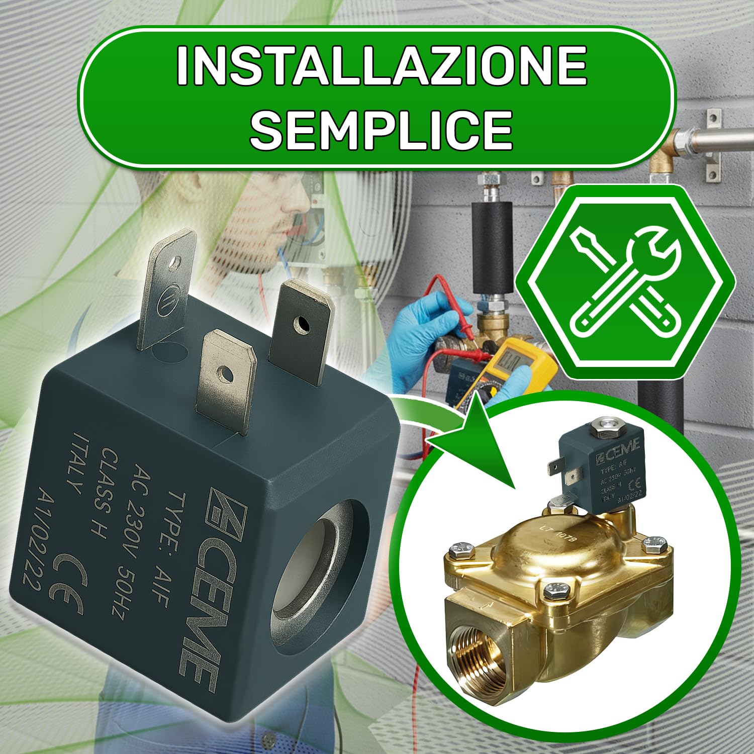 Bobina Tipo AIF per Elettrovalvola 230V 50Hz con Diametro del Foro Ø 10 mm e Dimensioni 29x22x27 mm - ONIX TECH