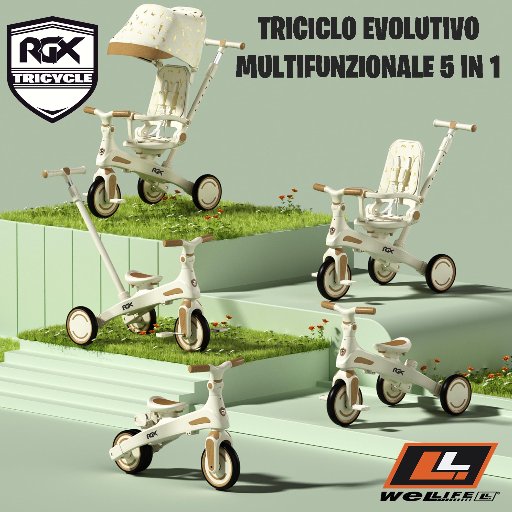 WeLLIFE RGX Triciclo Evolutivo 5 in 1 per Bambini 1-3 Anni | Con sedile girevole 360, maniglione genitore, cappottina parasole, cinture e montaggio senza attrezzi