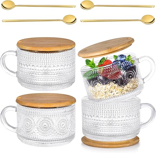 Tazas de café de vidrio de 14 onzas, recipientes de avena durante la noche con tapas y cucharas de bambú, accesorios de barra de café, tazas de té