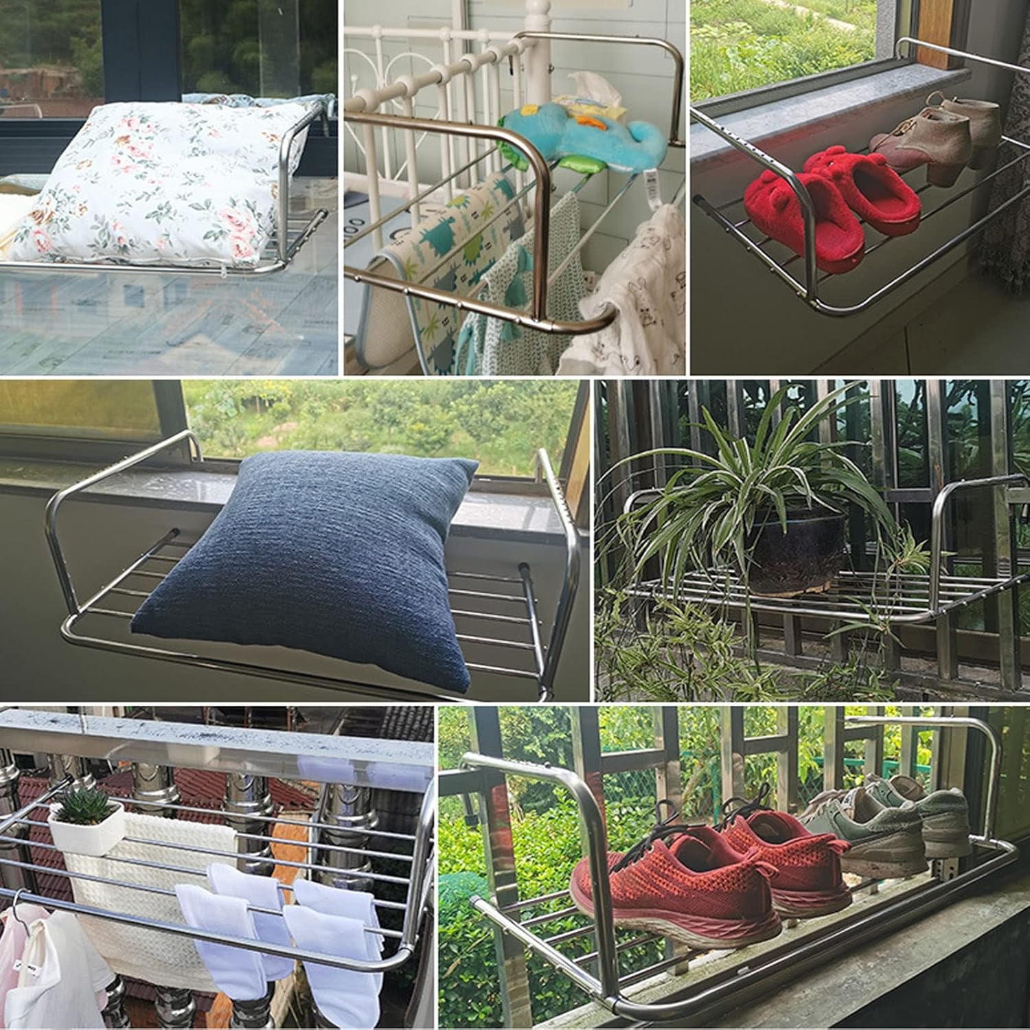 Stainless Steel Clothes Hanger Rack Folding Towel Rack Indoor Outdoor Clothes Drying Racks Adjustable Clothes Hanger Holder Multifunction Towel Rack Flower Stand for Windowsill Railings