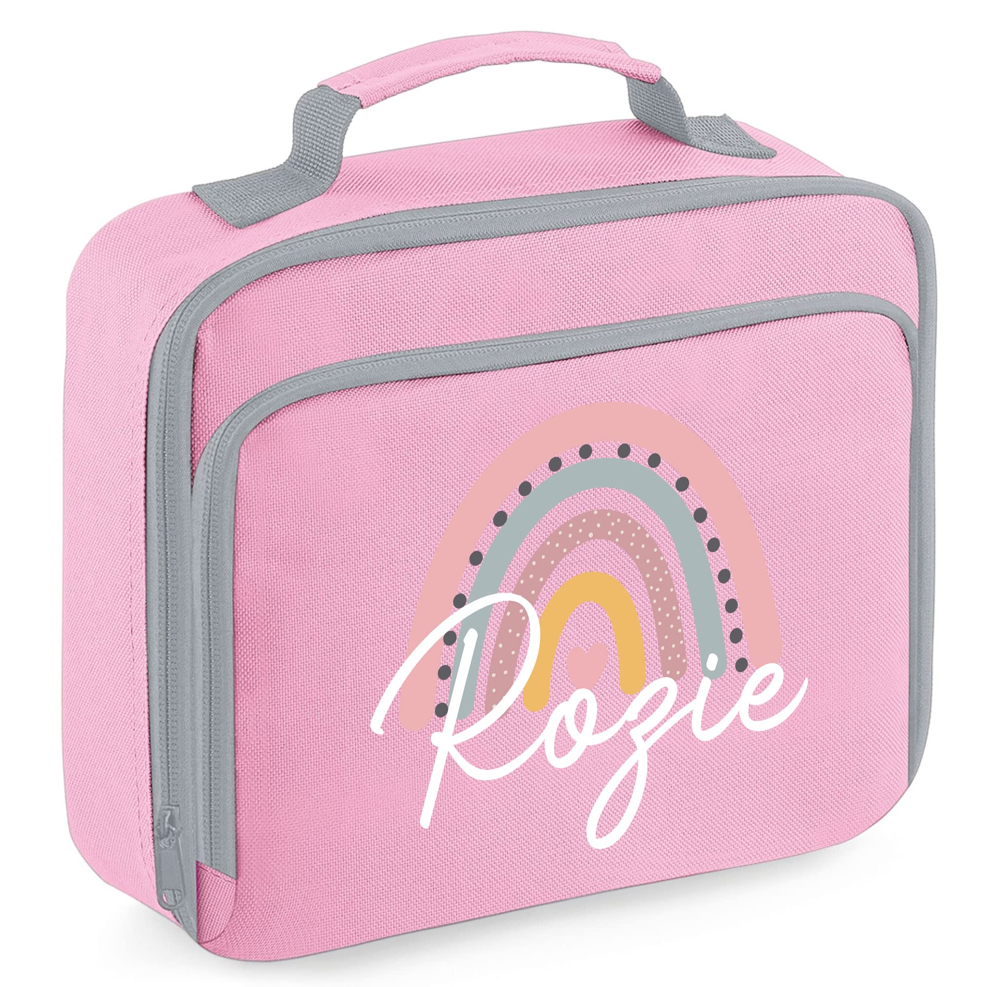 Boho Rainbow Personalised Lunch Bag for Girls, Back to School Lunchbox Holder for Kids Primary Middle Infant or Nursery Food Storage Compartments, 24cm x 20cm x 8cm, Pink