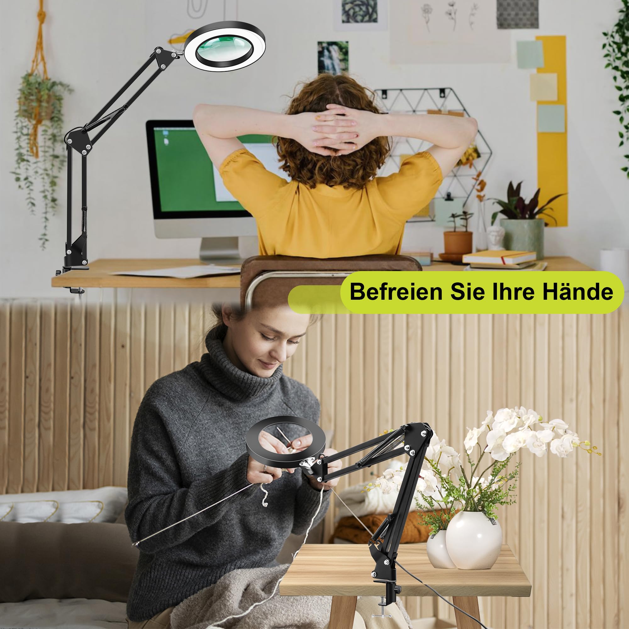 Lupa con luz y trípode, 10 lupas, 2 en 1, lámpara de lupa LED con 3 modos de color, 10 niveles de brillo, manos libres para manualidades, aficiones, pintura, trabajo (negro, con base)