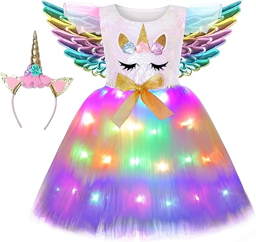 Soyoekbt Girls Unicorn Costume LED Light Up Unicorn Princess Tutu Dress for Birthday Party Halloween with Headband Wing