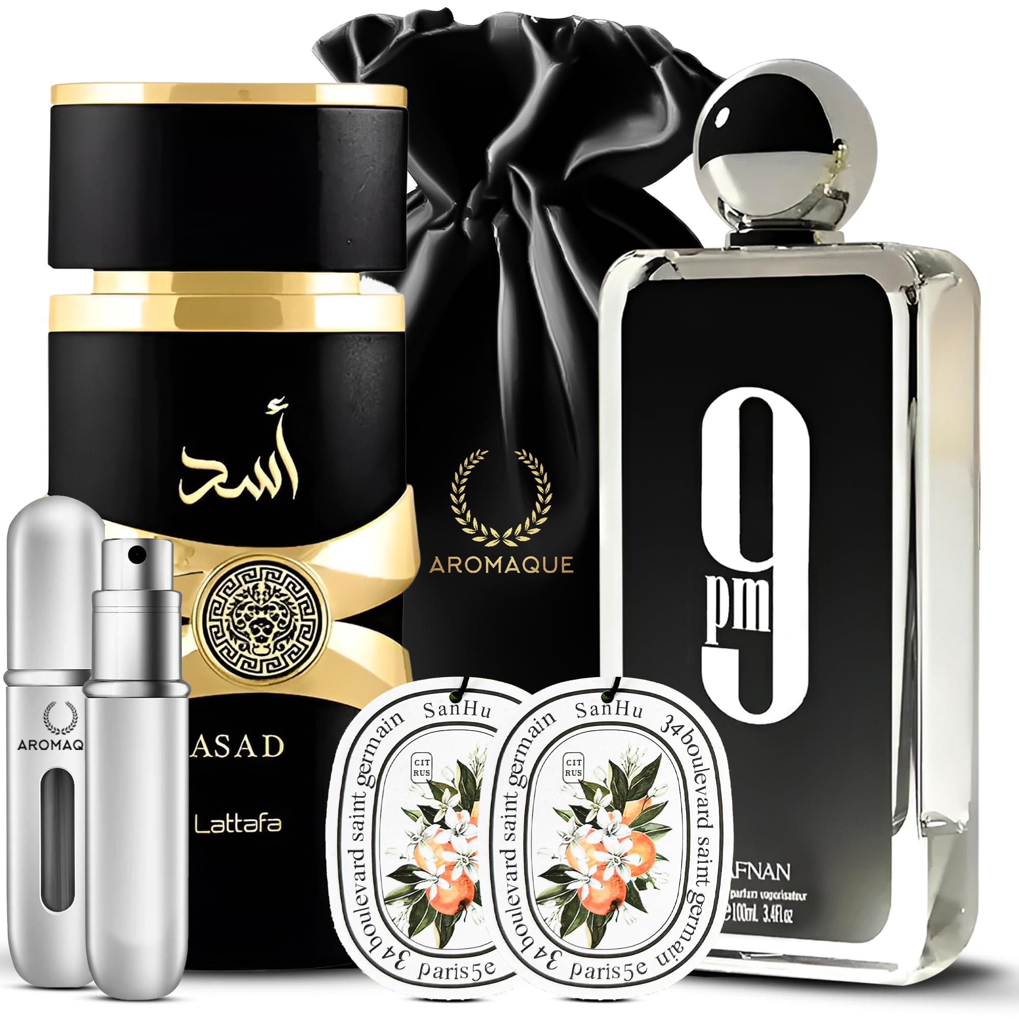 AROMAQUE Gift Set Bundle of 9 pm Afnan and Lattafa Asad Perfume Men 3.4oz EDP 1 Empty Travel Refillable Bottle & 4 Car Freshener Cards in a Satin Gift Bag