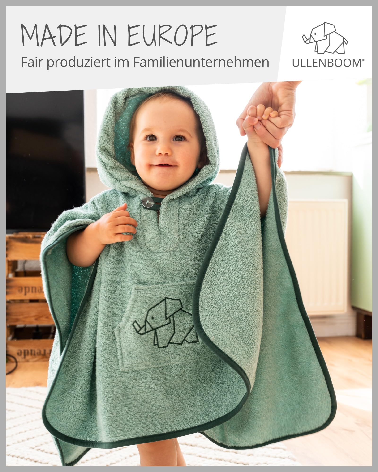 ULLENBOOM Badeponcho Baby, Frottee aus 100% Baumwolle (Oeko-TEX Zertifiziert) und Made in EU - Ideal als Badetuch und Bademantel für Kinder und Babys von 1-3 Jahren, Salbeigrün