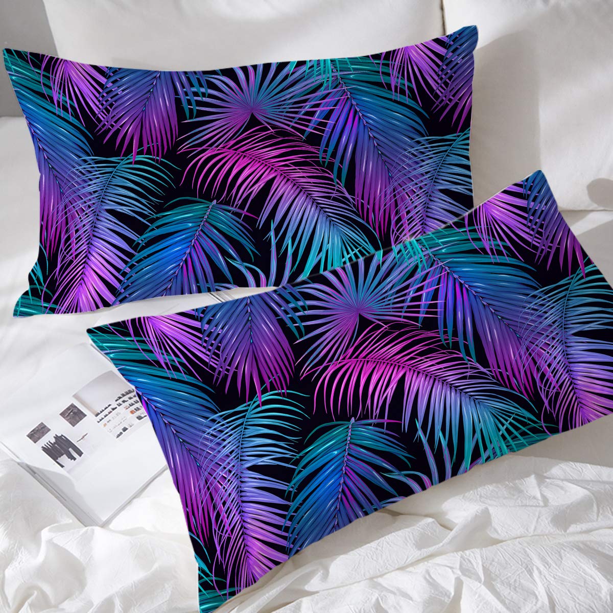 BlessLiving Palm Leaf Pillowcases Set of 2 Neonl Tropical Leaves on Black Throw Pillow Cases Girly Modern Pillow Cover Pink Teal Purple and Blue, (King)