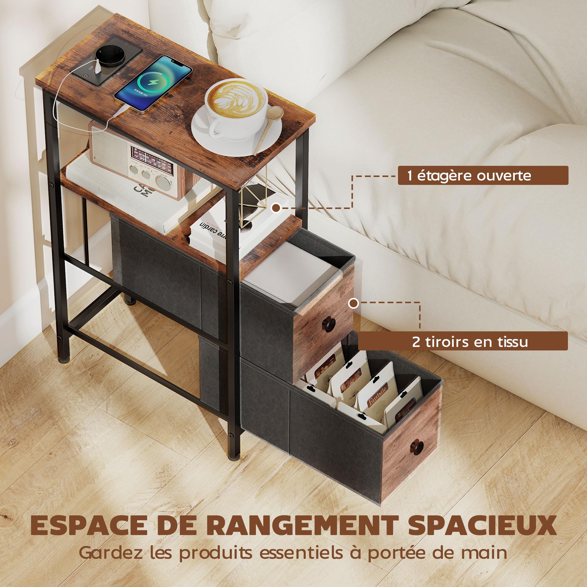 HOMCOM Table d'Appoint avec Station de Charge Étagère Ouverte Brun Rustique