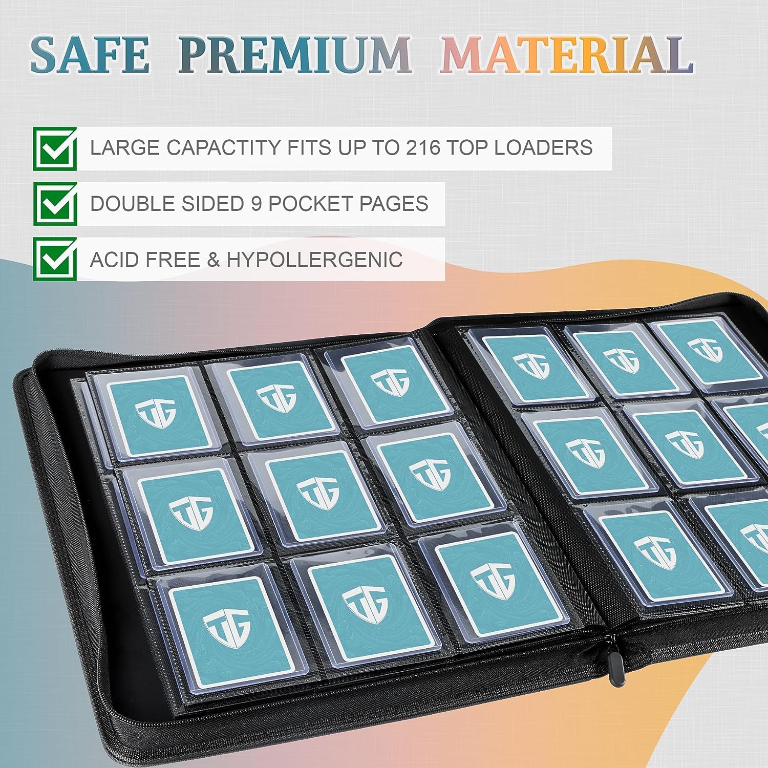 TCGUARD Toploader - Album di carte da collezione per 216 Top Loader, 9 scomparti con tasche per carte Rigid Toploader da 7,6 x 10 cm, per TCG, carte MTG (nero)