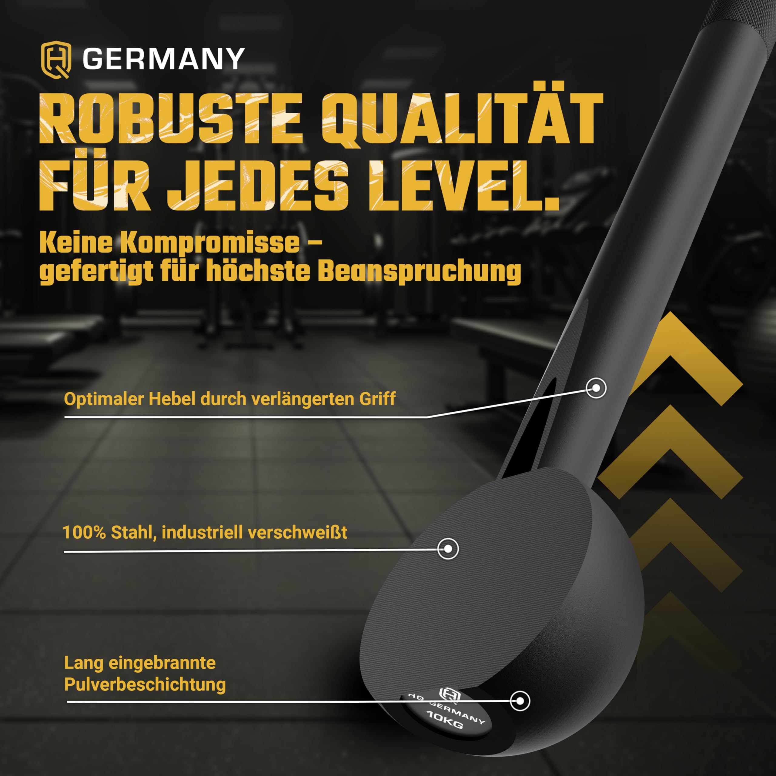 HQ Germany® Macebell 2-10kg [100% Stahl] - Steel Mace, Gada, Clubbell | Massiv verschweißt aus einem Stück, ±200g kalibriert, langlebige Pulverbeschichtung, genormte Maße, griffiges Knurling