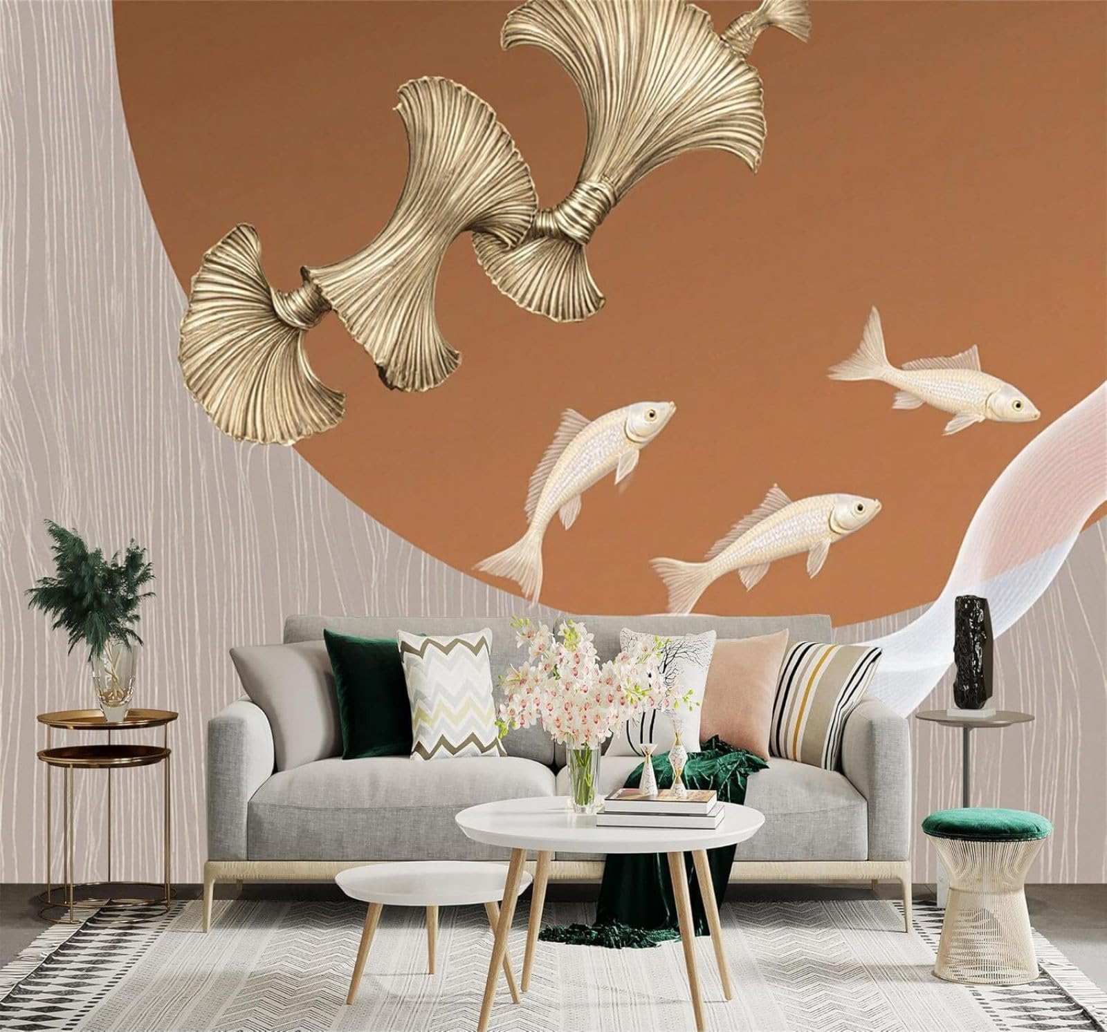 XLMING Golden Ginkgo Leaves Abstract Waves Small Fish 3D Wallpaper Silky Texture Home Study Office Grey Dining Room Sofa Bedroom Living Room TV Backdrop-200cm×140cm