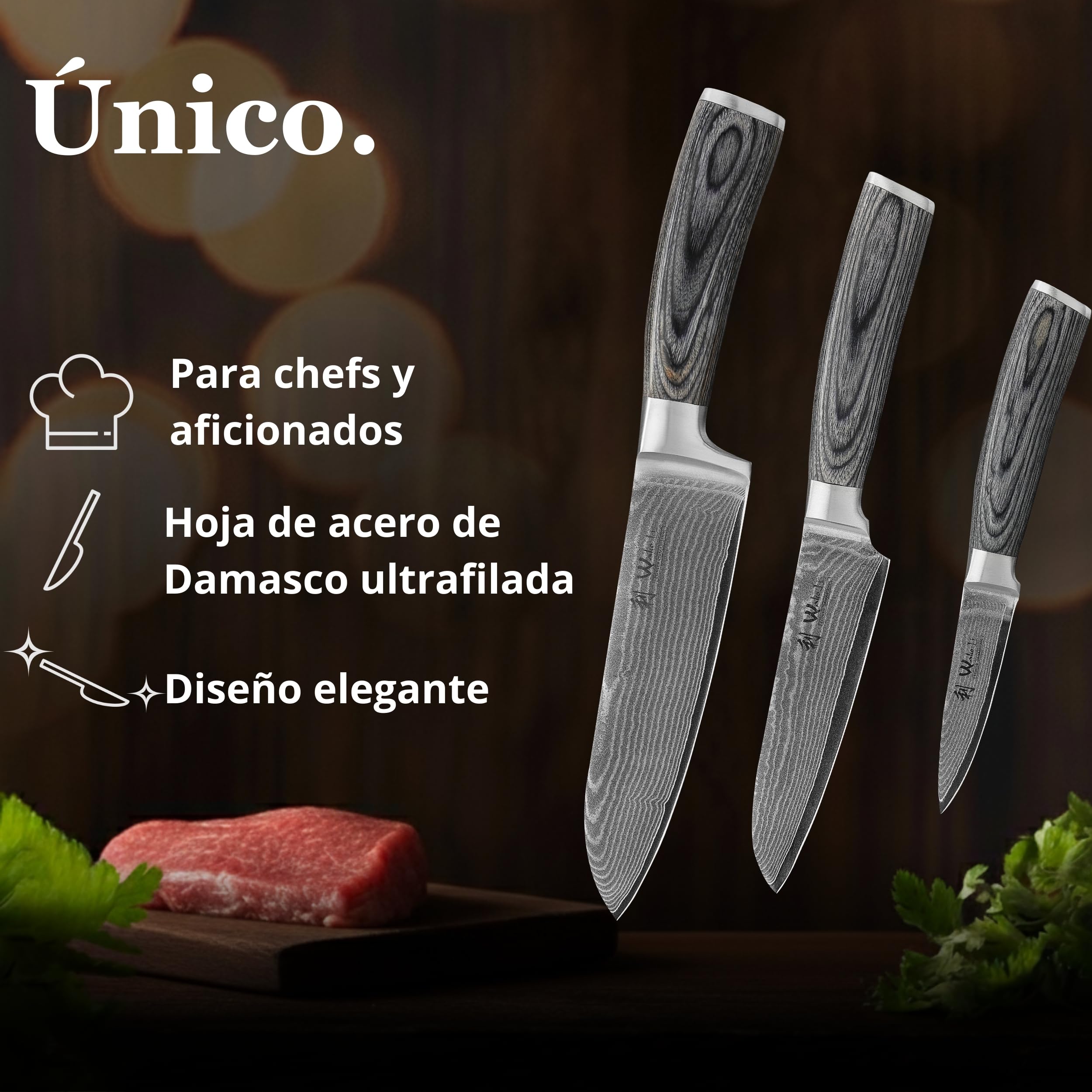 Wakoli Edis juego de 3 cuchillos de cocina de acero de damasco con núcleo VG10, caja de madera, 2 cuchillos Santoku y cuchillo pelador, hojas de 17 cm, 12,5 cm y 8,5 cm, mango Pakka