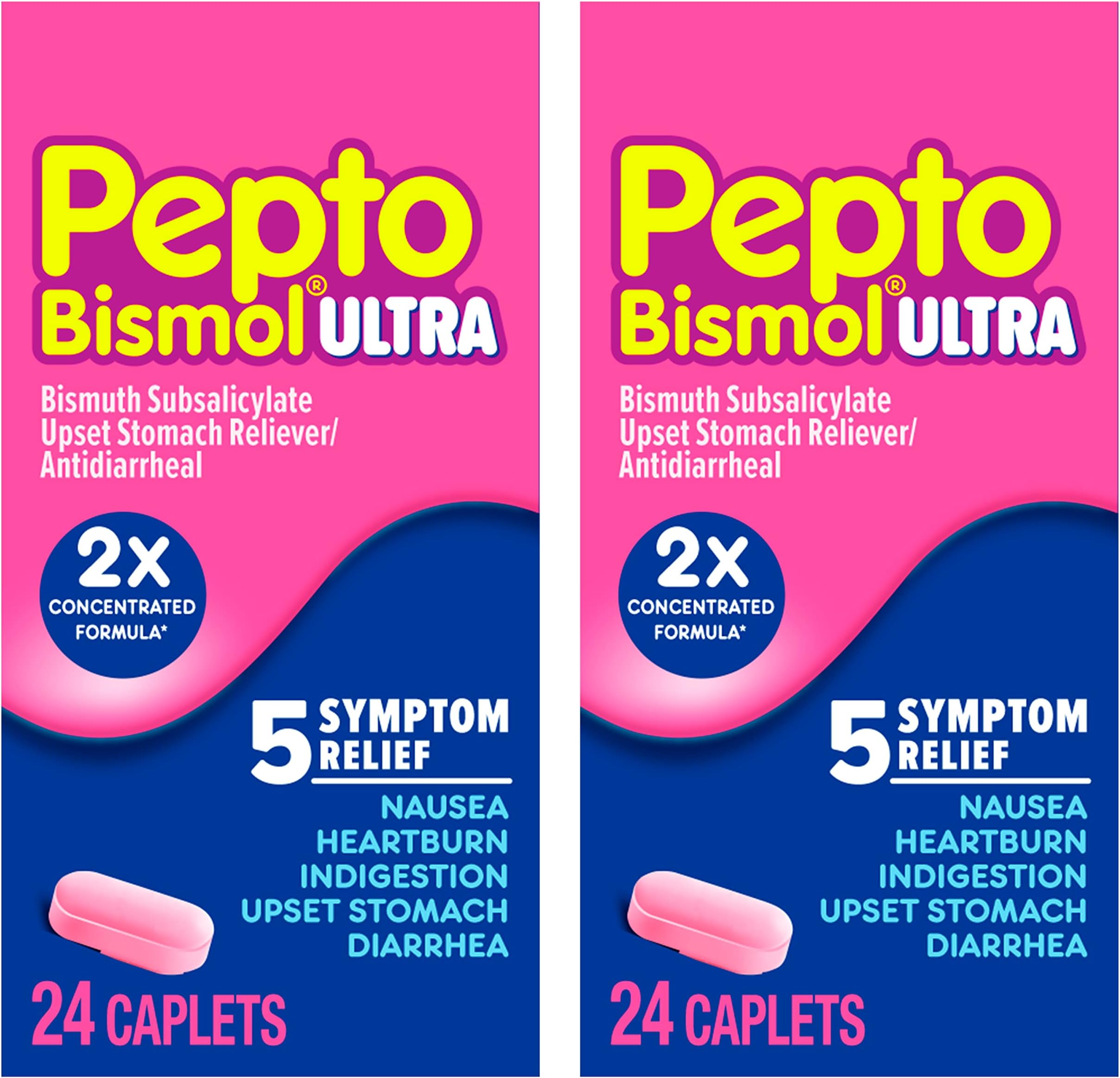 Pepto Bismol Caplets Ultra for Nausea, Heartburn, Indigestion, Upset Stomach, and Diarrhea - 5 Symptom Fast Relief, 48 Total (2 Packs of 24)