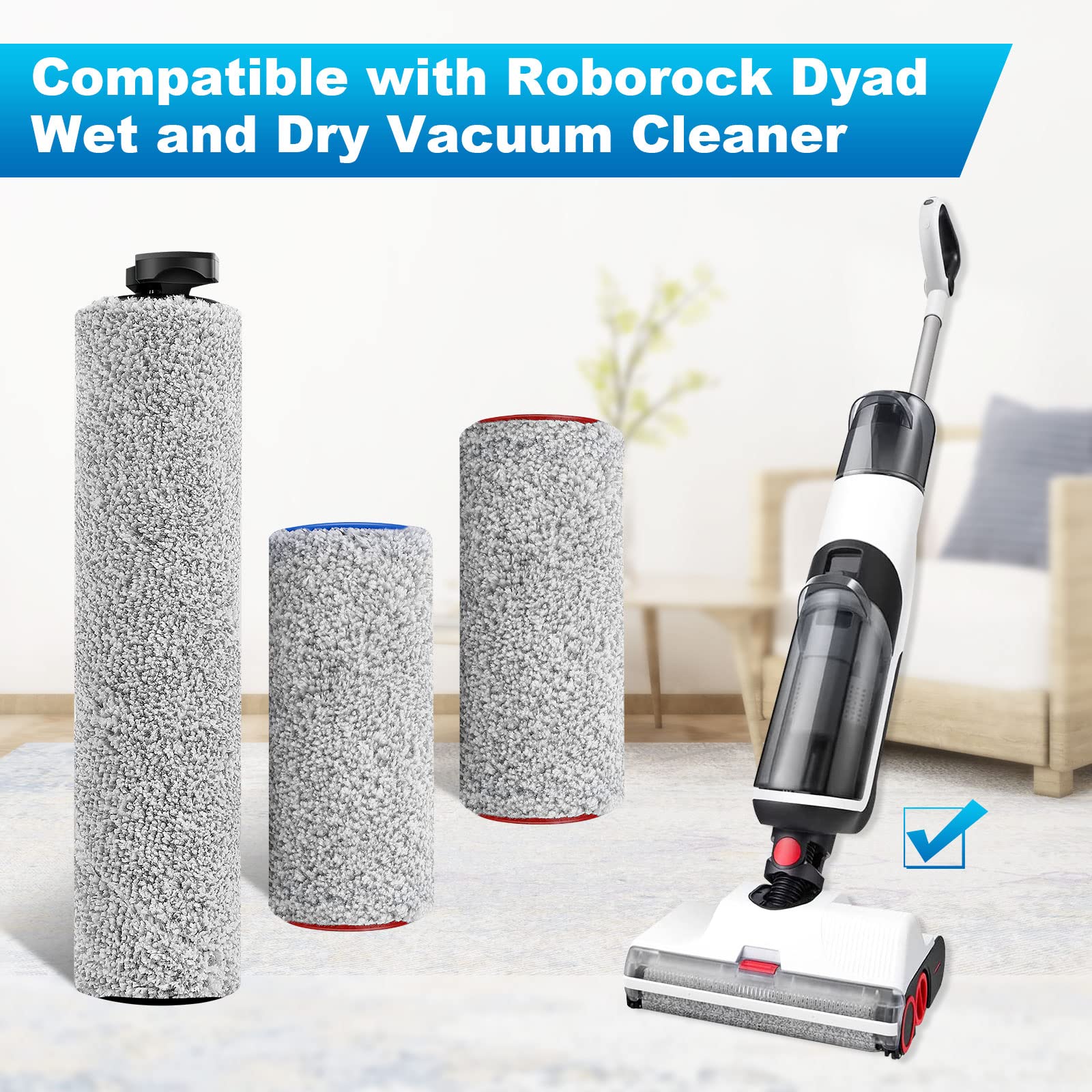 KEEPOW Replacement Roller Set Compatible with Roborock Dyad Cordless Wet Dry Vacuum,1 Front Roller, 2 Rear Rollers, 1 Cleaning Brush (4 Pack)
