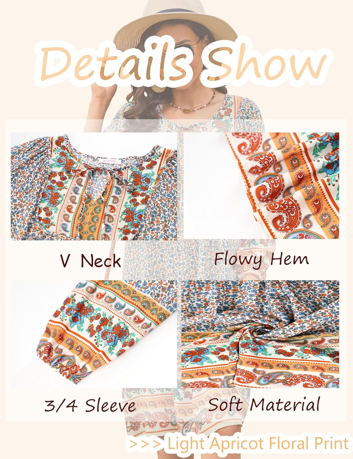 Bluetime Women Casual Summer Dress Boho V Neck 3/4 Sleeve Babydoll Floral Print Flowy Beach Dress - Image 6