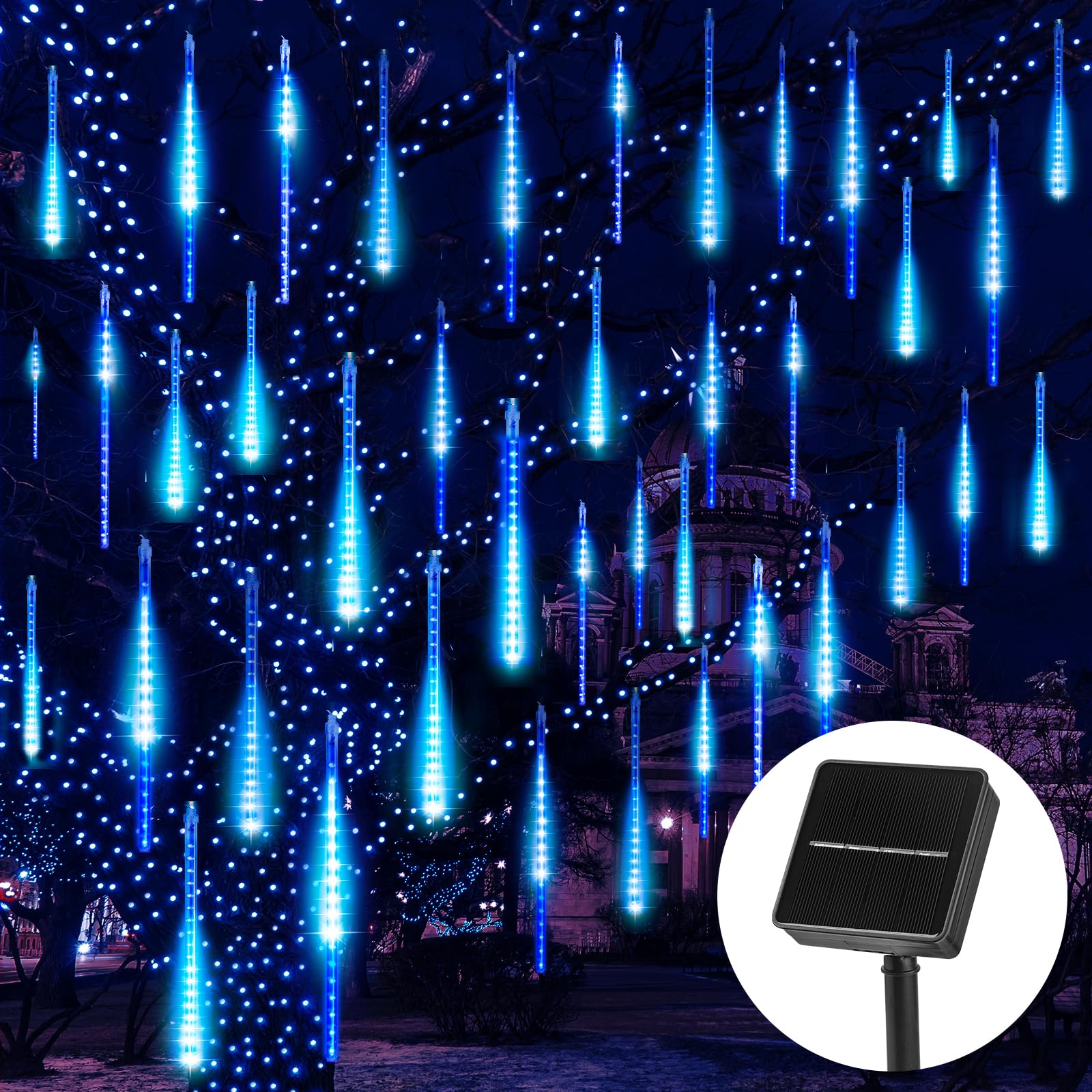 Christmas Lights Solar Powered, Meteor Shower Lights Outdoor, 16 Inches 8 Tube 288 LED Solar Meteor Lights for Tree Wedding Xmas Holiday Party Patio Decoration, Bule