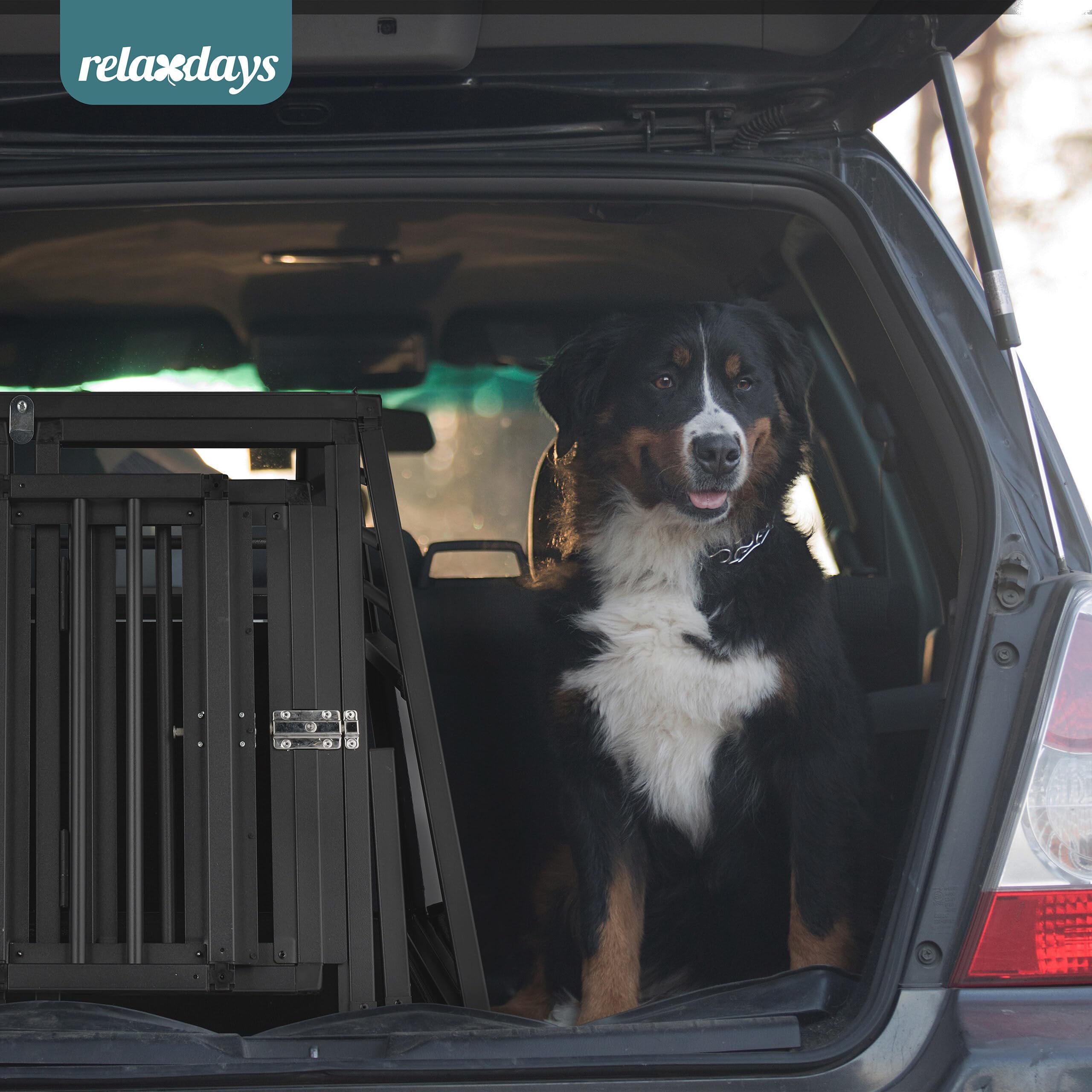 Relaxdays Hundebox Auto, doppelte Hundetransportbox, Kofferraum, abgeschrägt, Trennwand, HBT: 64 x 90 x 82 cm, schwarz