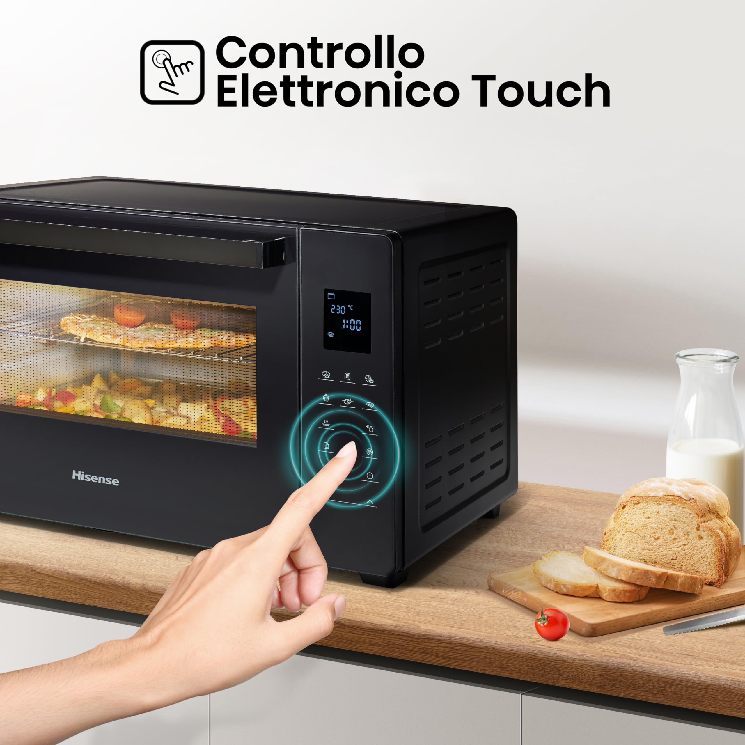 Hisense, HOM45D - Fornetto elettrico 45L, tre livelli di cottura a convezione, girarrosto, comandi touch, programmi automatici