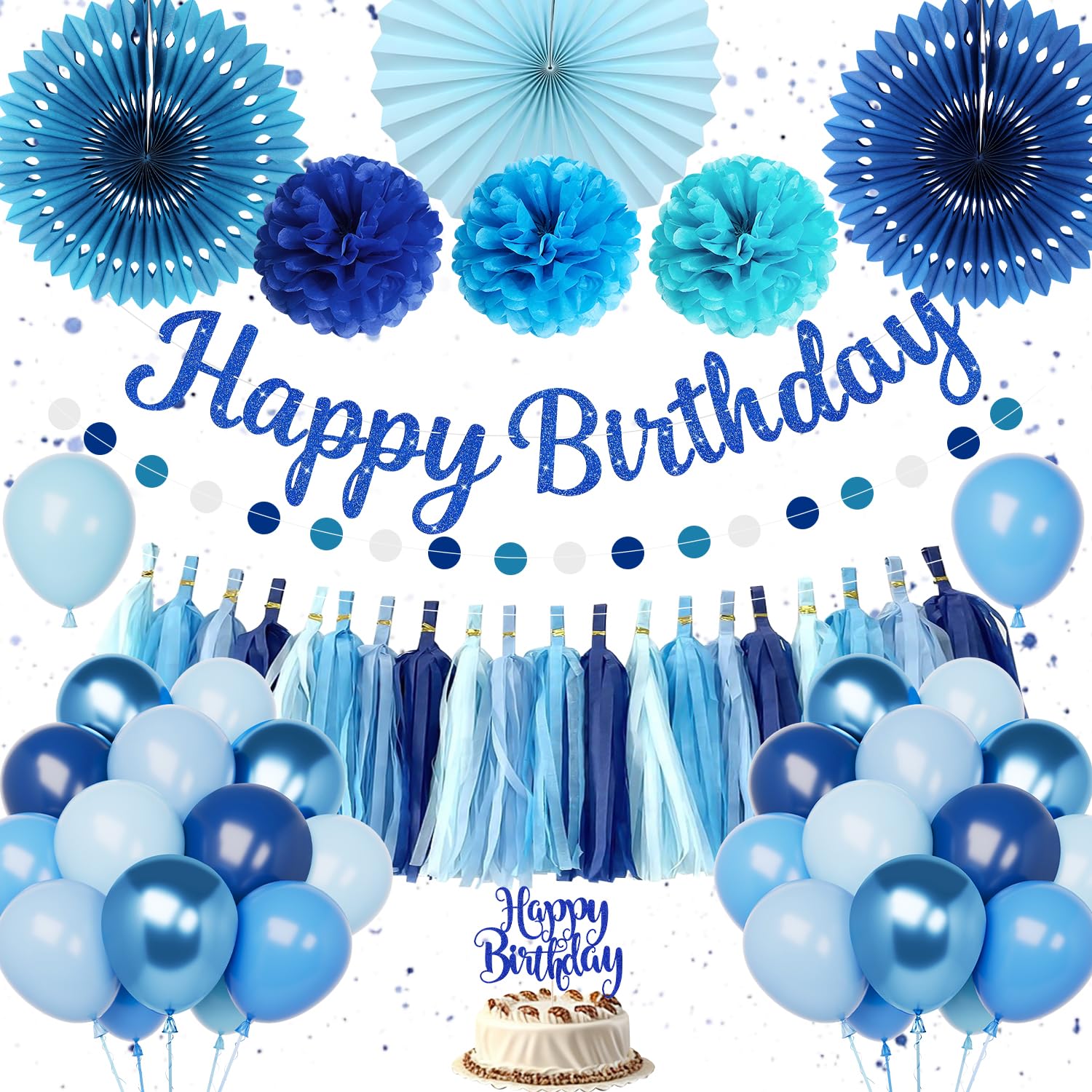 Blue Birthday Decorations for Men Boys, Blue Happy Birthday Banner and Balloons, Pompom Flower, Light Blue Birthday Balloons Cake Topper for 16th 18th 21st 30th 40th Boys Men Party Decorations