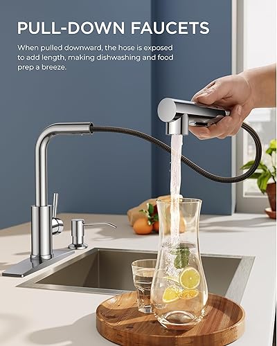 Miniatura 13 de FORIOUS Grifos de cocina con rociador extraíble, acero inoxidable de níquel cepillado, grifo de fregadero clásico extraíble de una sola manija