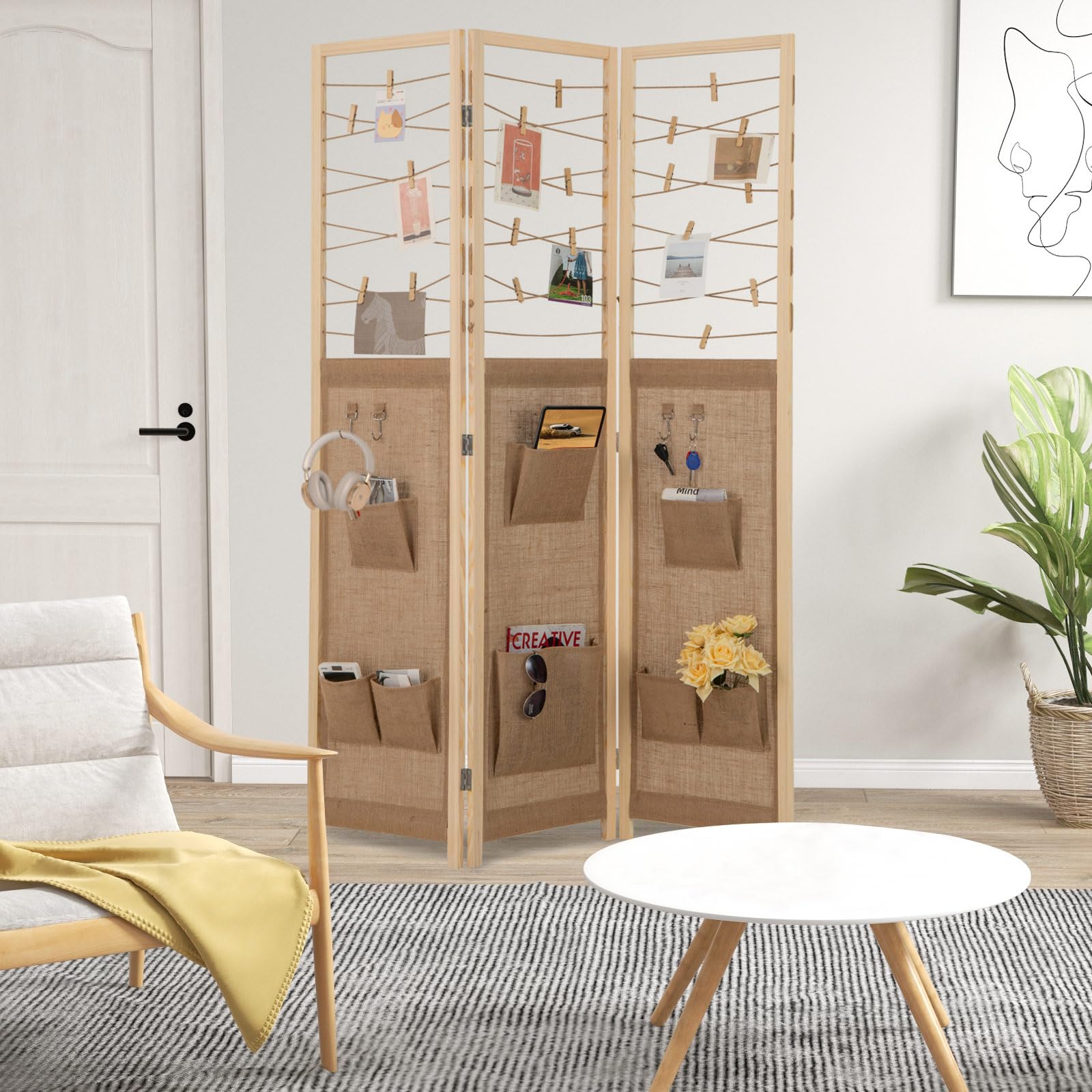 GIANTEX Paravento pieghevole a 3 pannelli. Separatore di privacy in legno con 8 tasche, 4 ganci e spago per appendere con 20 clip in bambù, 120 x 170 x 2 cm