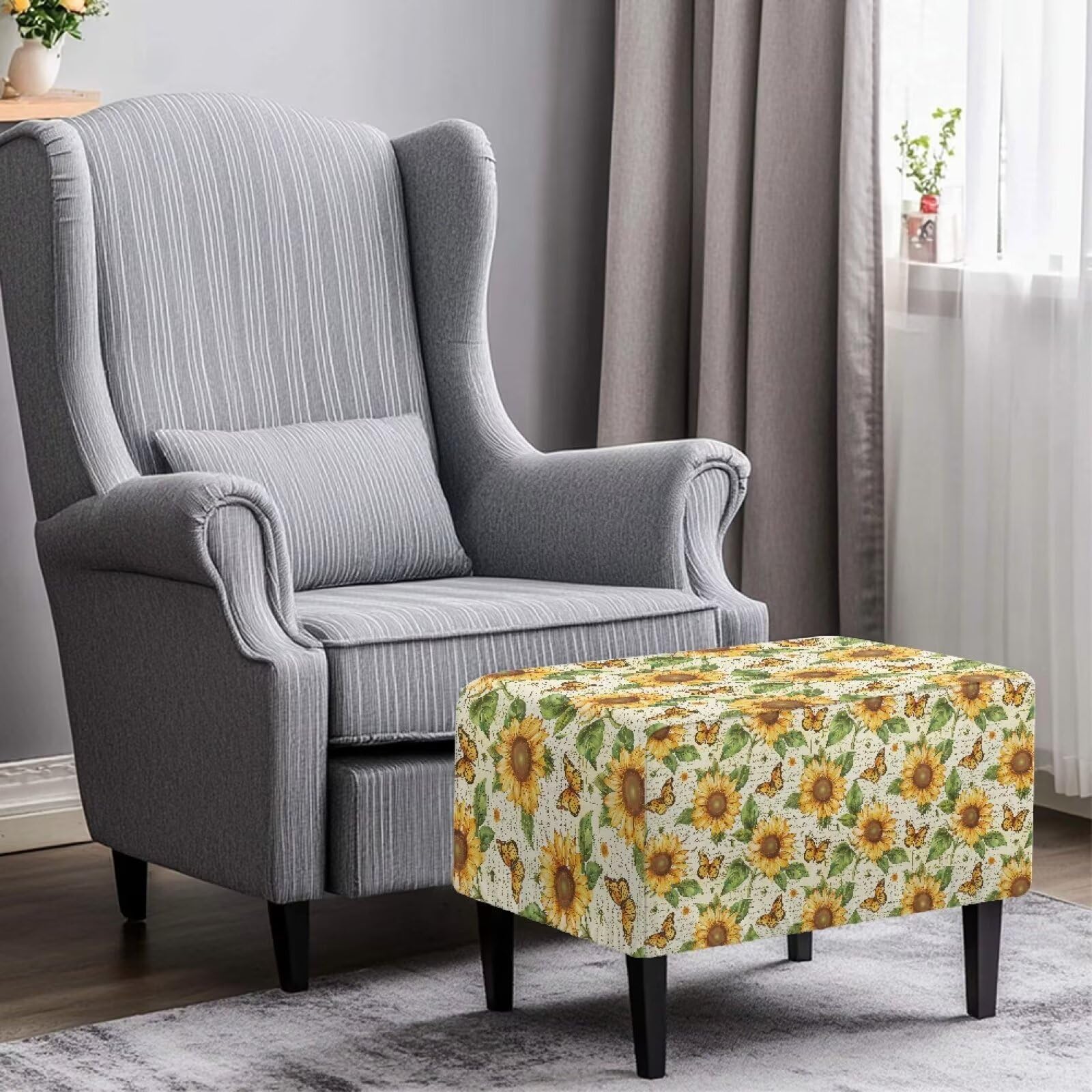 Qehuruxo Sunflower Ottoman Cover Slipcover Rectangle Stretch Footstool Protector, Anti-Scratch & Washable, Fits Living Room Pouf, Piano Bench & Storage Ottoman