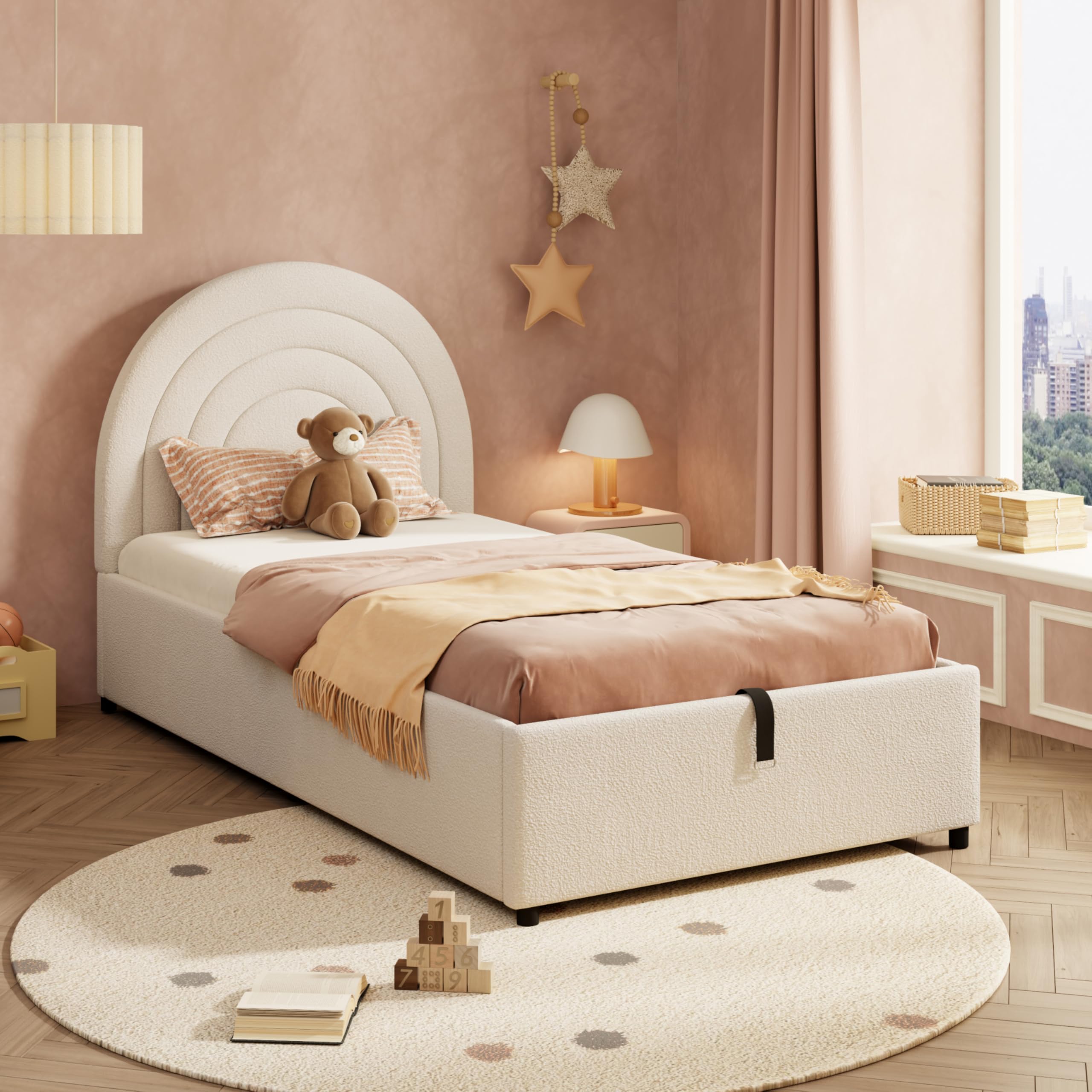 Ball & Cast Upholstered bed 3ft 90 * 190, Children's bed, Single bed with slatted frame and headboard, Youth bed, suitable for adults and teenagers, Wooden slats, Easy to assemble, Boucle, Beige