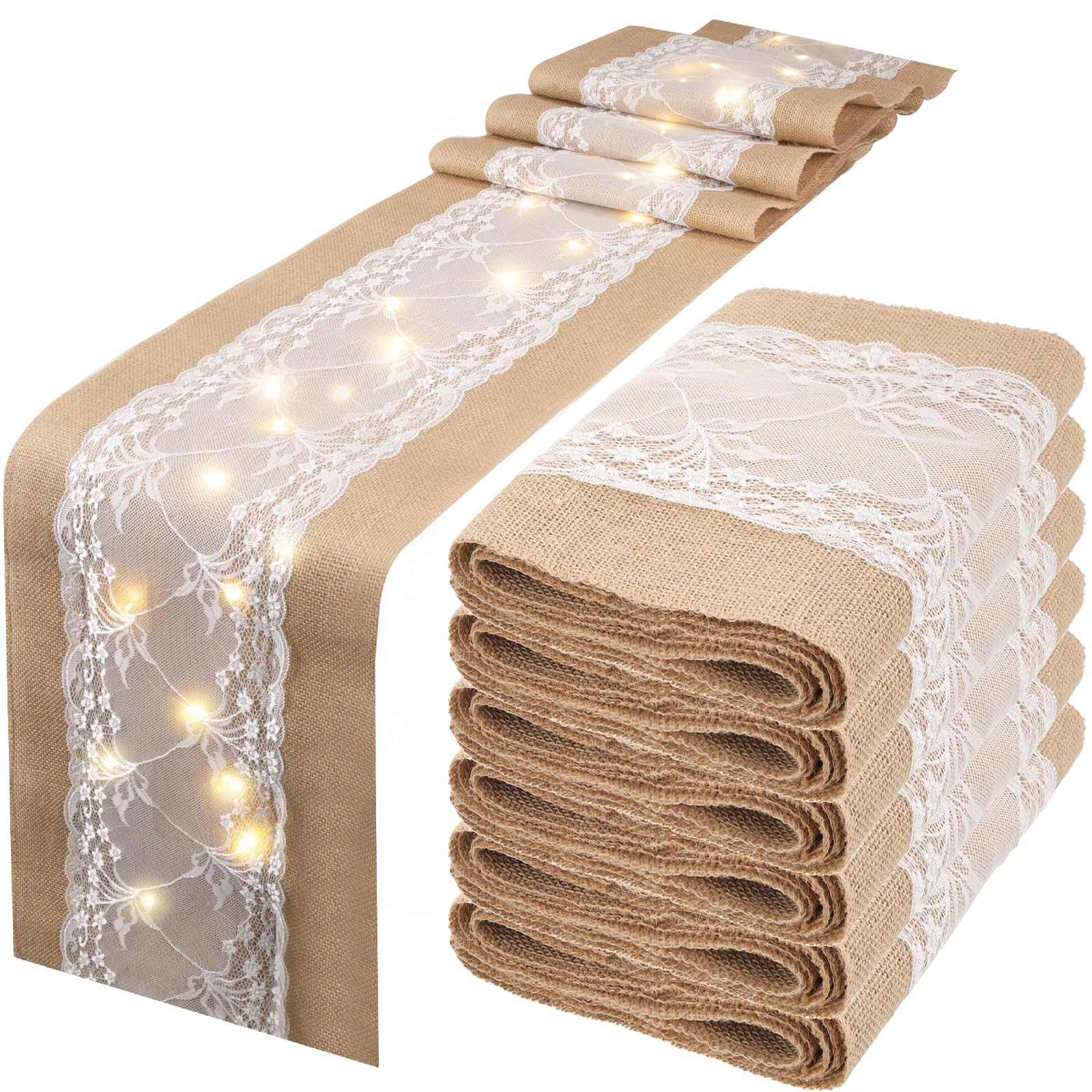 Xinnun Lot de 6 chemins de Table en Toile de Jute avec guirlandes Lumineuses à Del en Dentelle Rustique Naturelle et bohème pour décoration de Mariage de Style Ferme, Thanksgiving (Tendance, 30,5 x