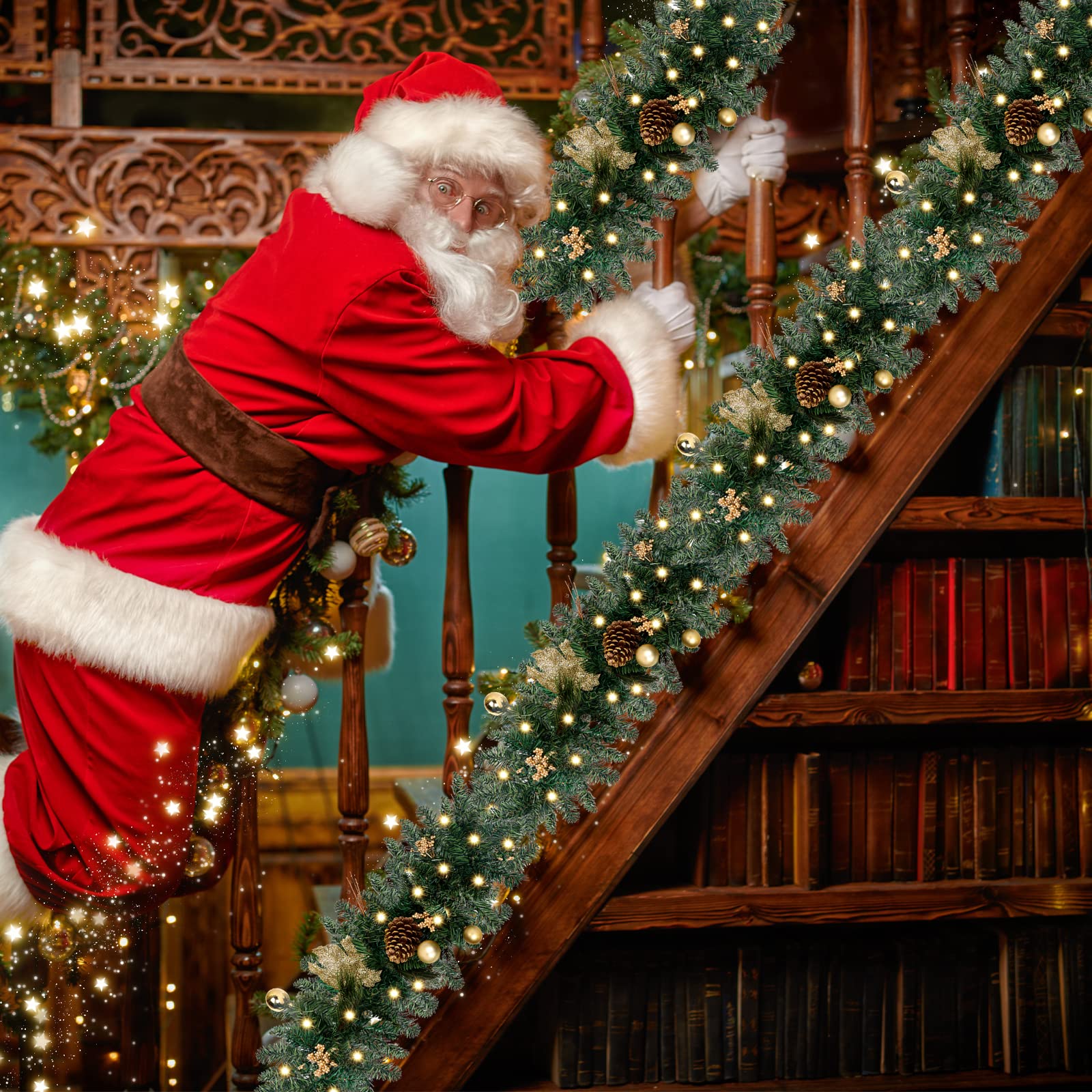 JPSOR 9ft Christmas Garland with LED Lights, Battery Operated Gold Christmas Garland for Christmas Party Decoration Indoor Outdoor, Pre-Lit Artificial Garland Greenery for Xmas Decor Winter Holiday