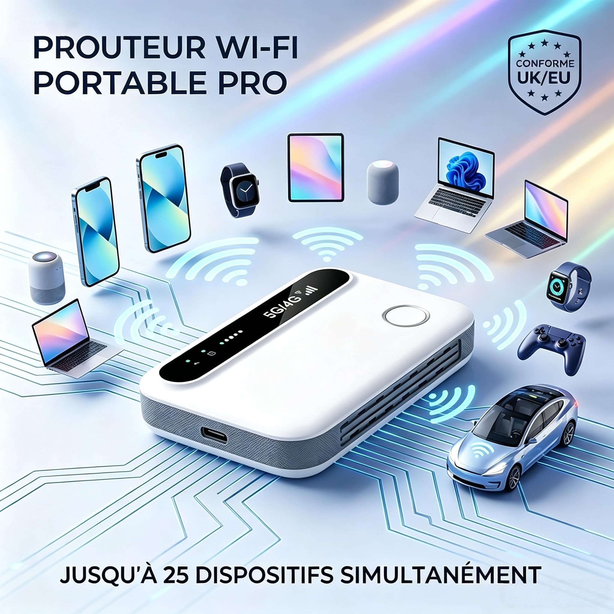 Routeur 5G Portable WiFi 6 Déverrouillé, Modem Mobile 5G/4G+ avec Emplacement SIM, Jusqu'à 25 Appareils Connectés, Internet Haut Débit Idéal pour Voyage, Camping et Télétravail