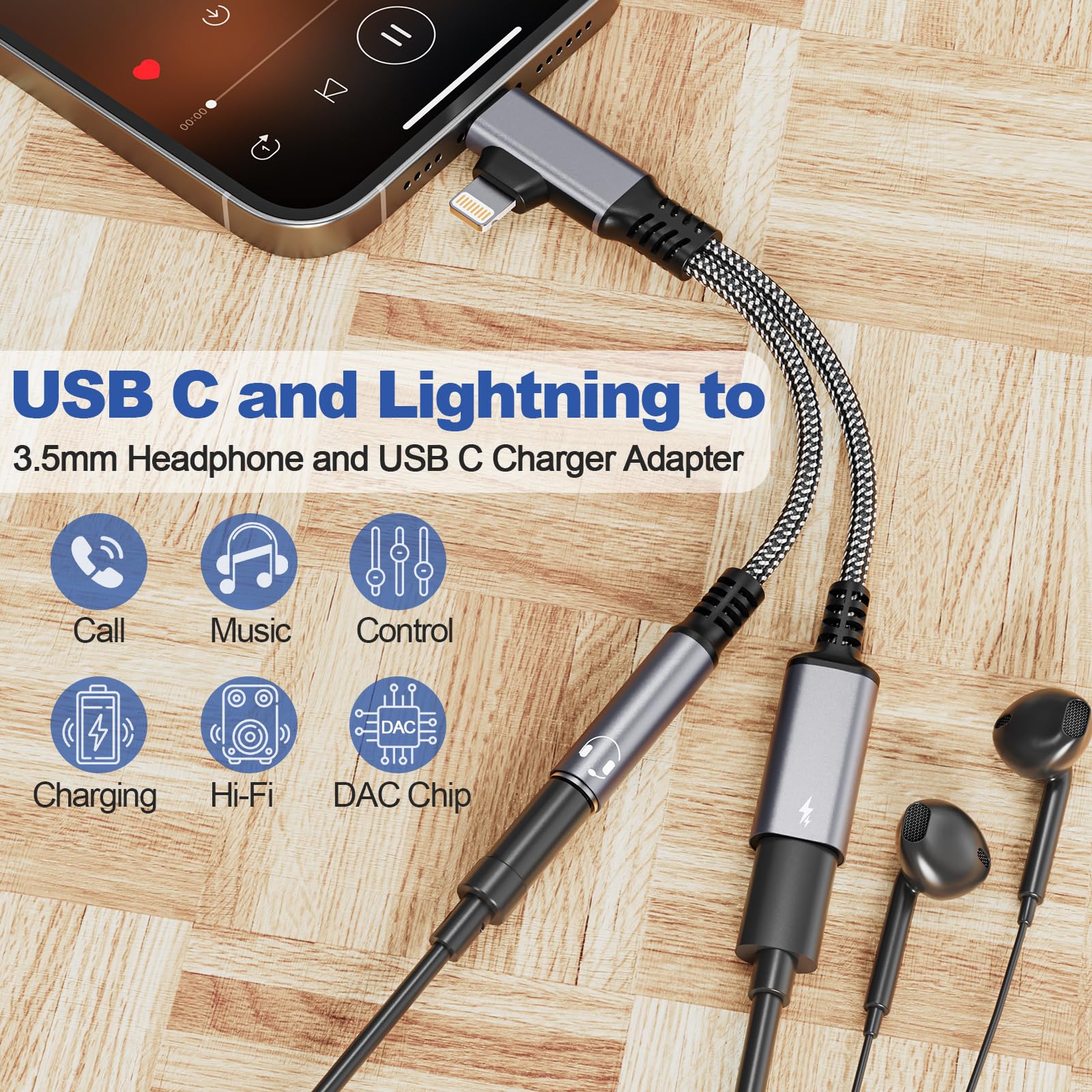 Lightning and USB C to 3.5mm Headphone and Charger Adapter - 2-in-2 iPhone Type-C to 3.5mm Jack Aux Dongle Converter with PD 60W Fast Charging Support Music Calling, for iPhone 16 15 14 Android Tablet