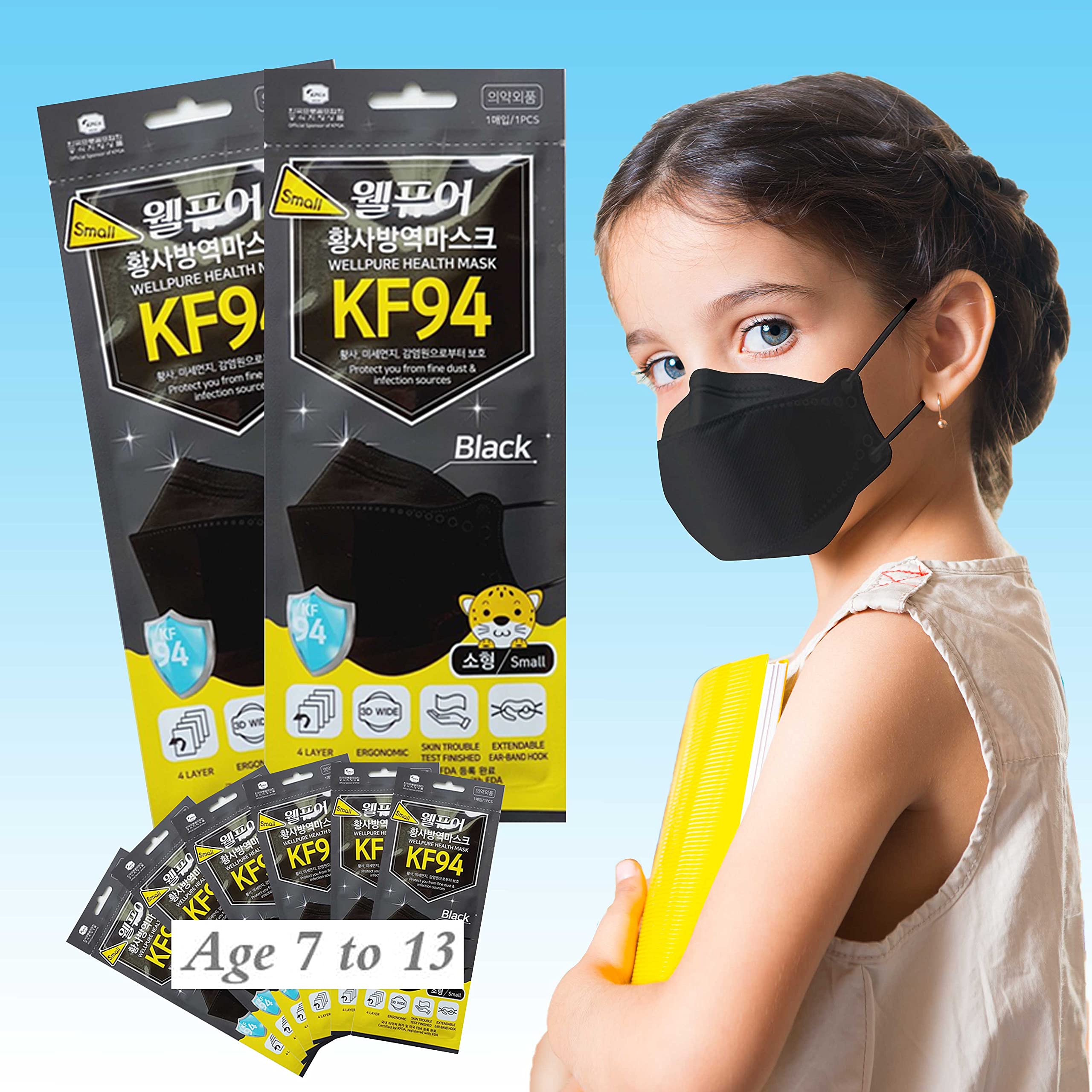 KF94 (Kids/Small), 4 layer protection, 100% Made in Korea, Comfortable breathing, Daily disposable (Small) (Black)