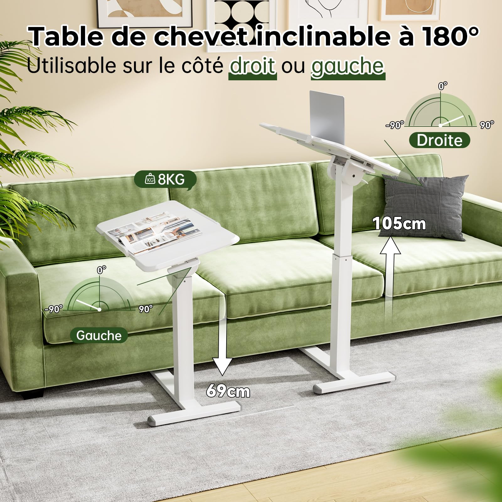 Gibbon Mounts Bureau Assis-Debout Hauteur réglable, Table Chevet INCL. 180° | Chariot mobile pliable blanc, 80x40cm plateau inclinable des deux côtés du lit. Base fine 3cm, 2 types de roues remplaçables