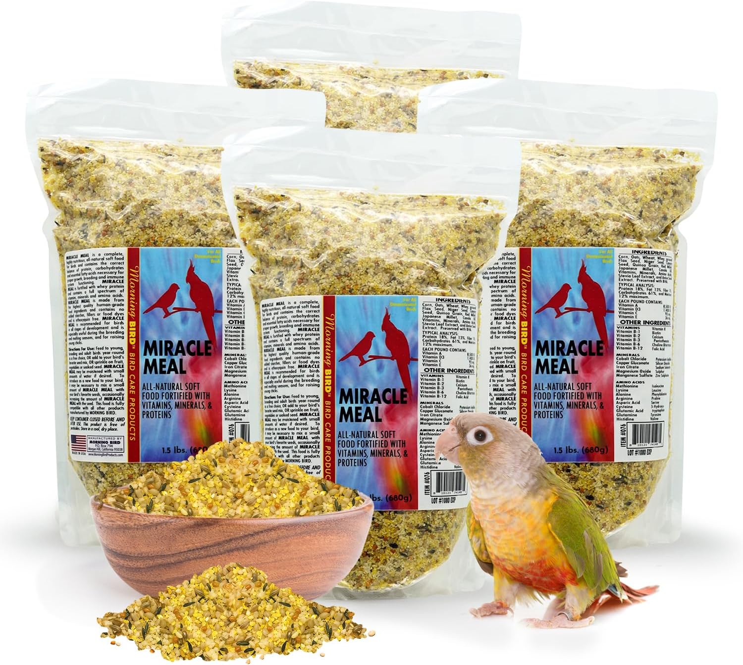 Morning Bird Miracle Meal 3 lbs (2-Pack, 1.5 lbs Each) – Vitamin Fortified Soft Bird Food for Birds - All-Natural No Artificial Dyes, Flavors or preservatives - Supports Feather Strength & Breeding