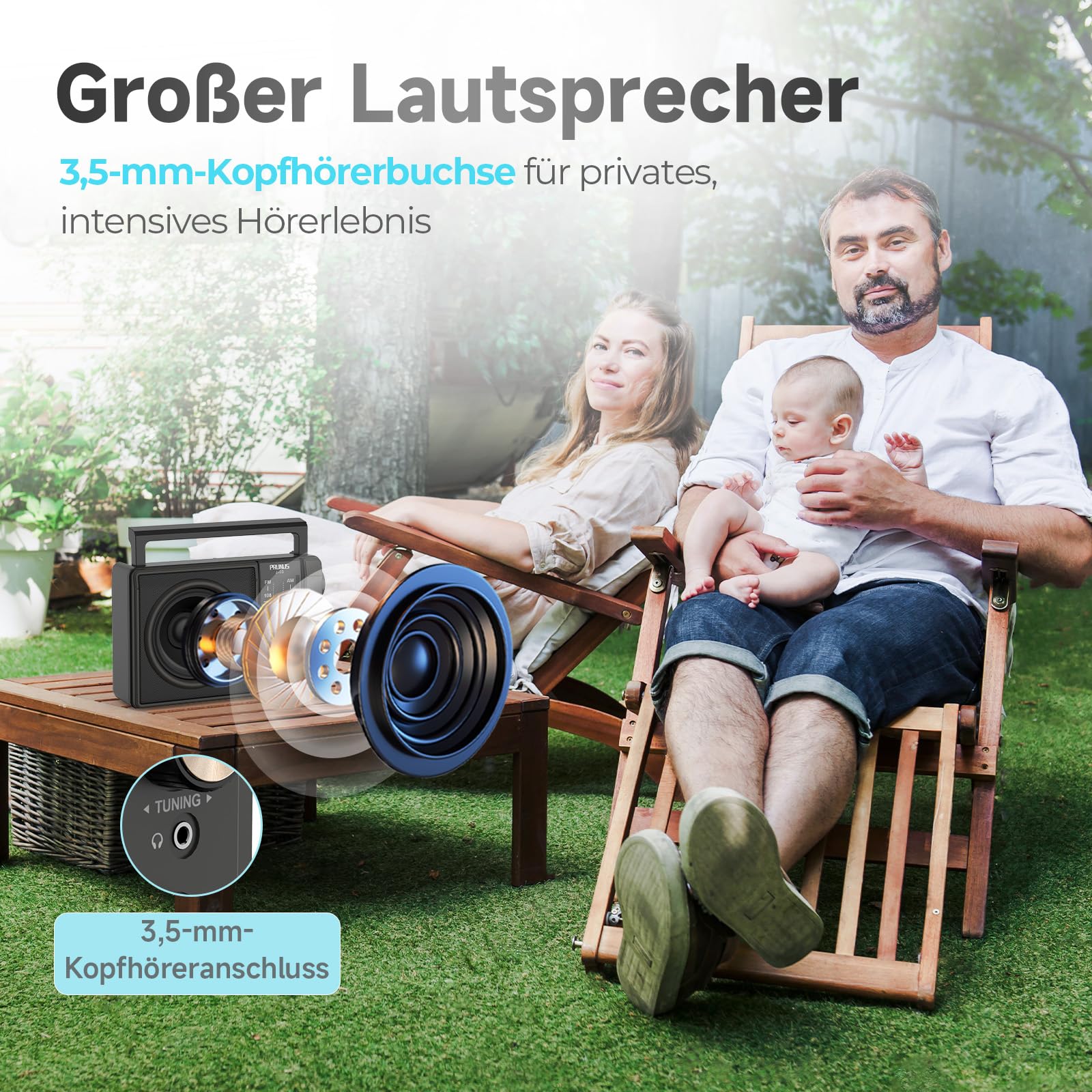 PRUNUS J-03 Tragbares Radio FM AM, Radio Batteriebetrieben und AC-Strom, Mittelwellenradio Mit Exzellentem Empfang, 3W Großem Lautsprecher, Einfaches Radios Für Senioren.
