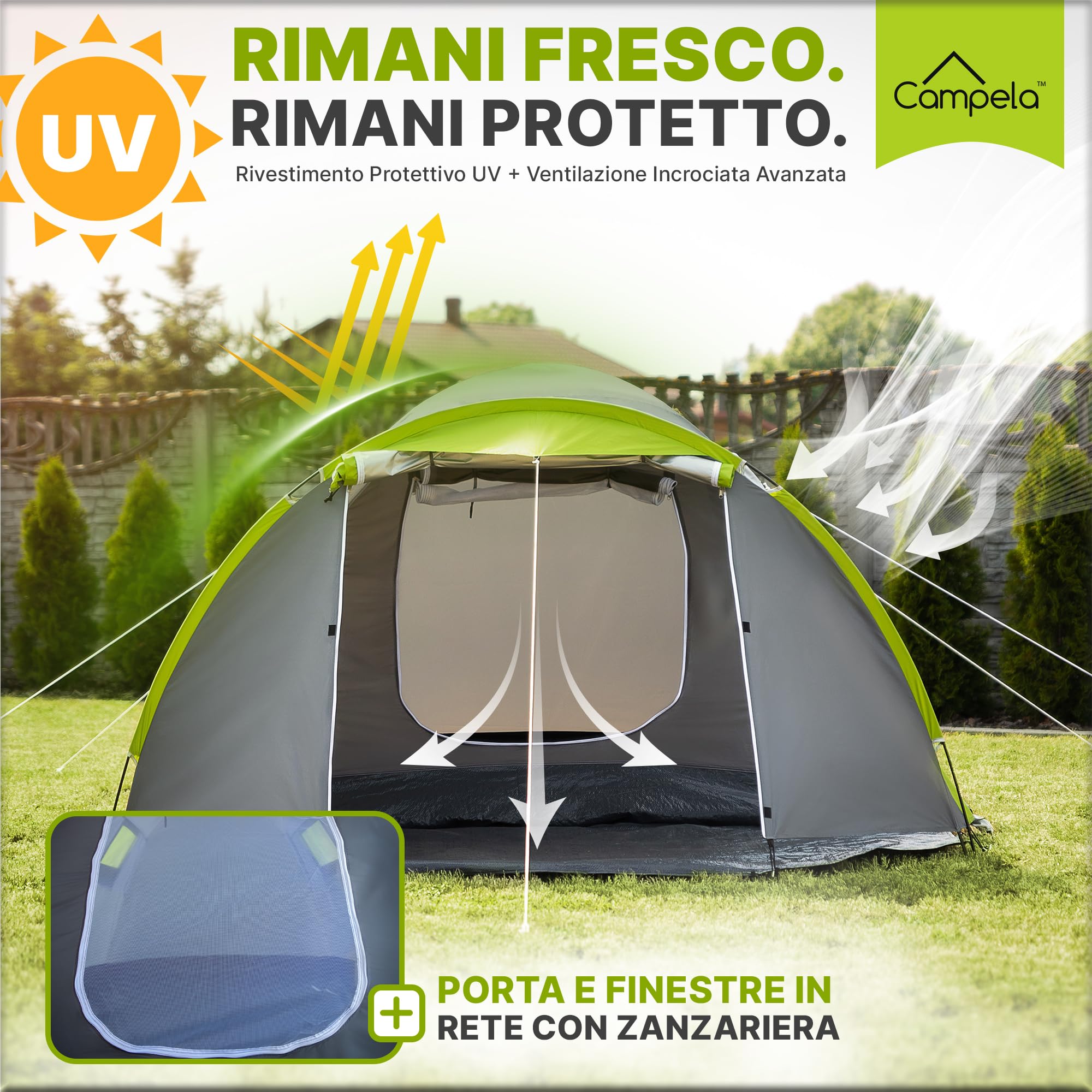 Tenda da Campeggio 4 Posti Impermeabile 3000 mm Doppio Tetto Vestibolo Ampio 2 Ingressi Zanzariera Poliestere 190T Telaio Fibra di Vetro 4,1 kg