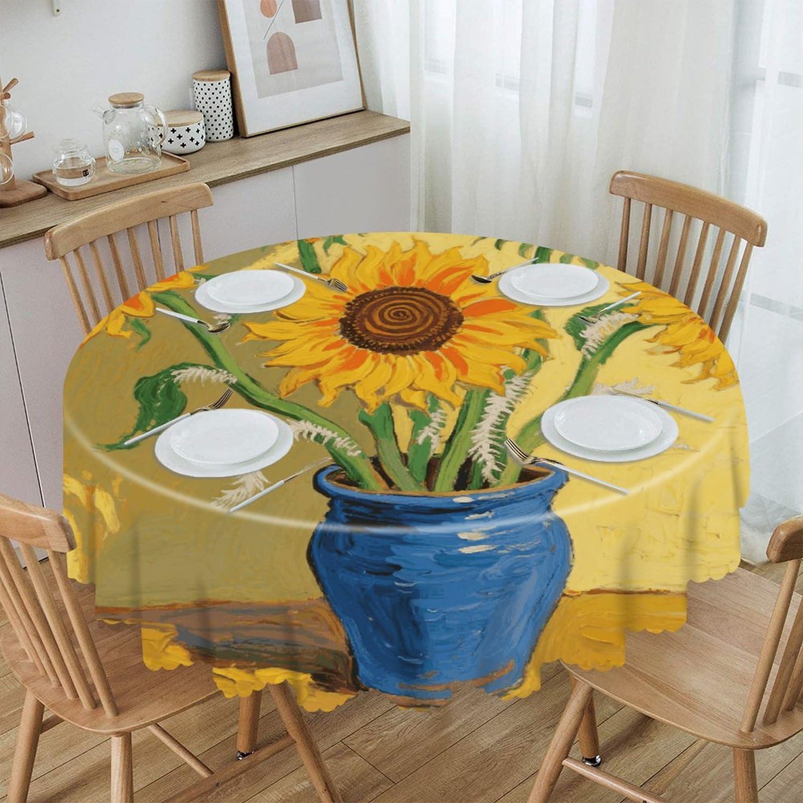 VstaDank Sunflower Round Tablecloth Wipeable Round Polyester Tablecloth Waterproof Wrinkle Free Indoor and Outdoor Table Cover 60 Inch Decorative Farmhouse Table Cloth for Dining