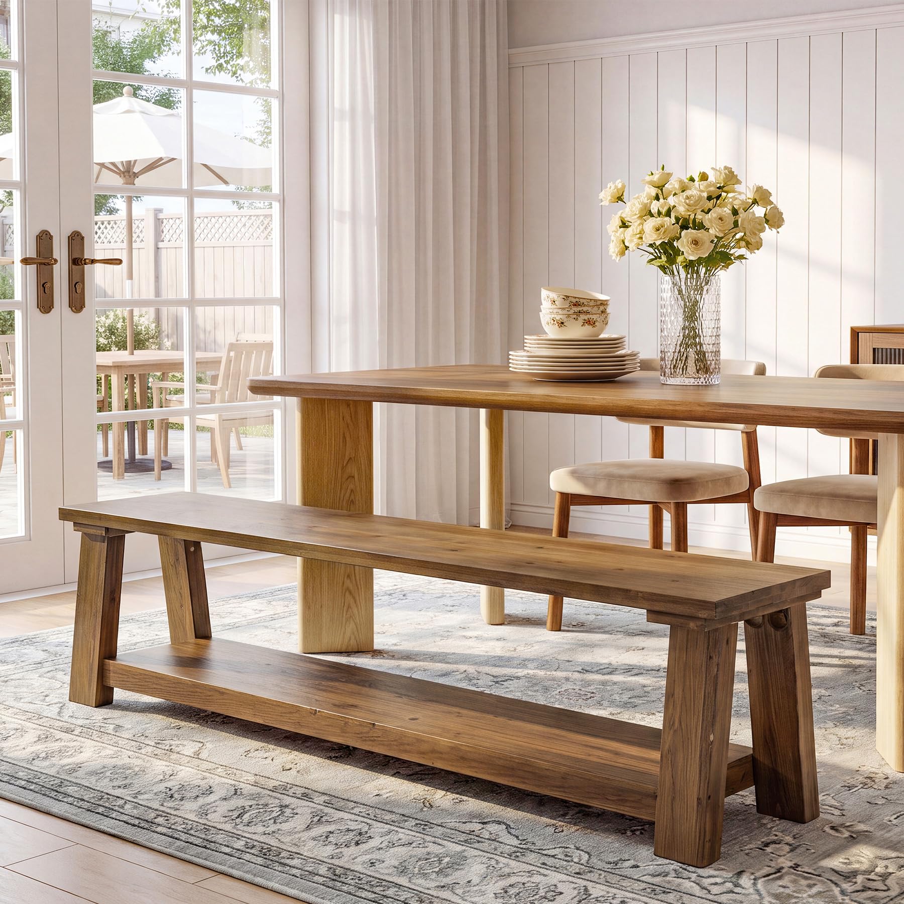 70.87" Long Solid Wood Dining Bench | Farmhouse Kitchen Bench with Storage Shelf for Dining Room, Kitchen, Entryway, Bedroom, Easy to Assemble