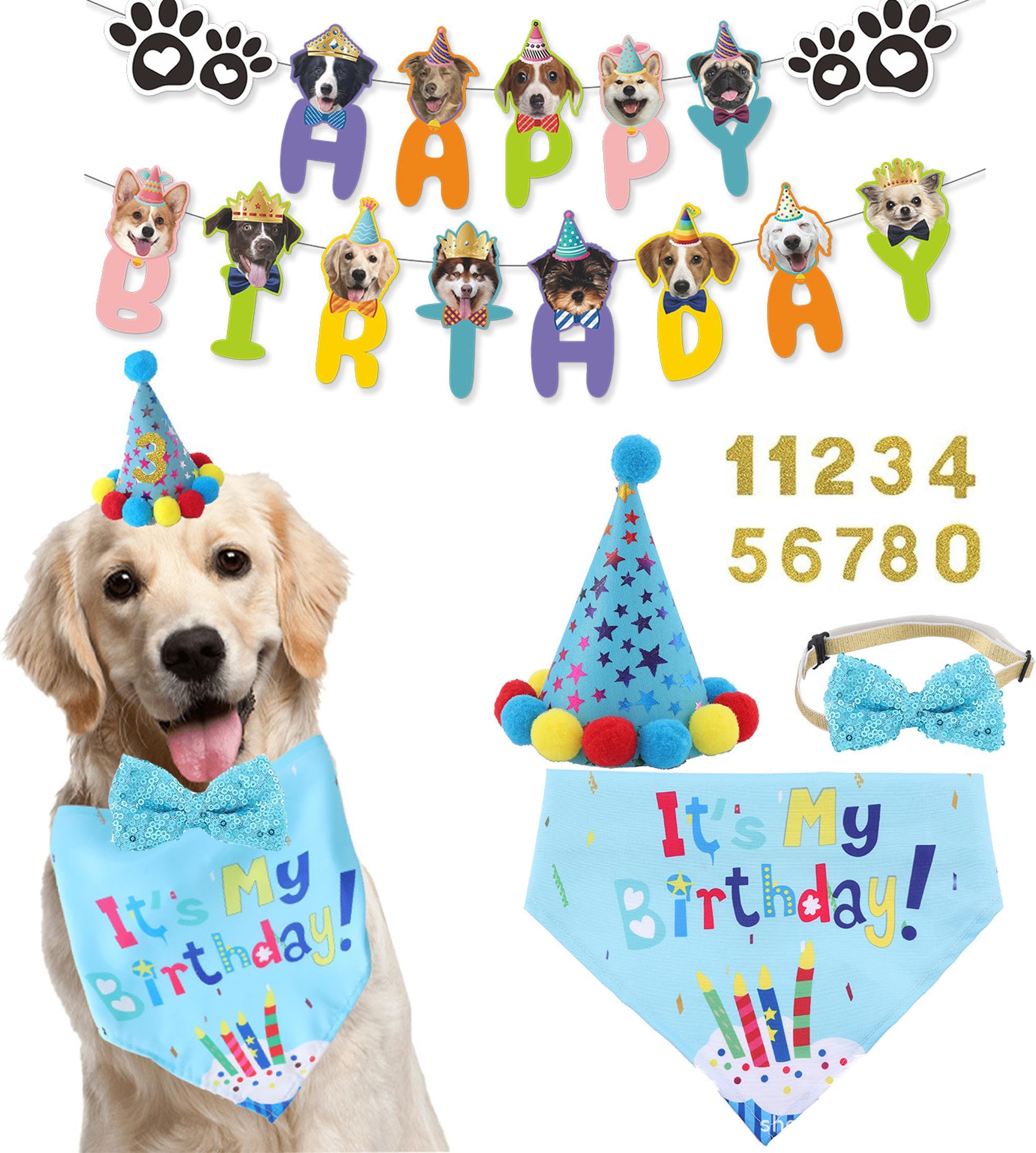 Dog Birthday Decorations,Puppy Birthday Party Outfits, Birthday Hat,Bow Tie,Bandana,Happy Birthday Banner,Pet Theme Suit Apparel & Accessories for Boy Golden Doodle Teddy Husky Labrador(4PCS Blue)