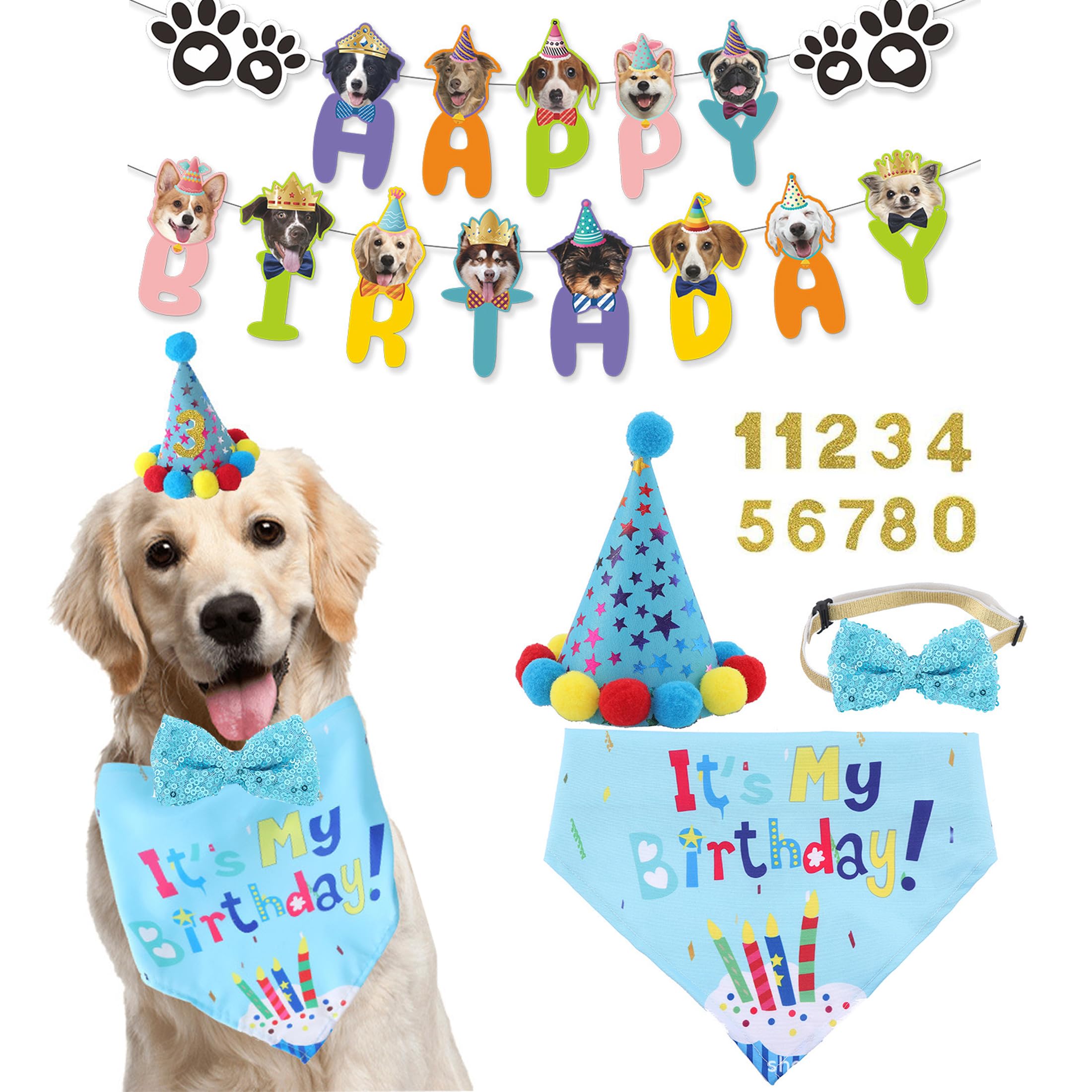 Dog Birthday Decorations,Puppy Birthday Party Outfits, Birthday Hat,Bow Tie,Bandana,Happy Birthday Banner,Pet Theme Suit Apparel & Accessories for Boy Golden Doodle Teddy Husky Labrador(4PCS Blue)