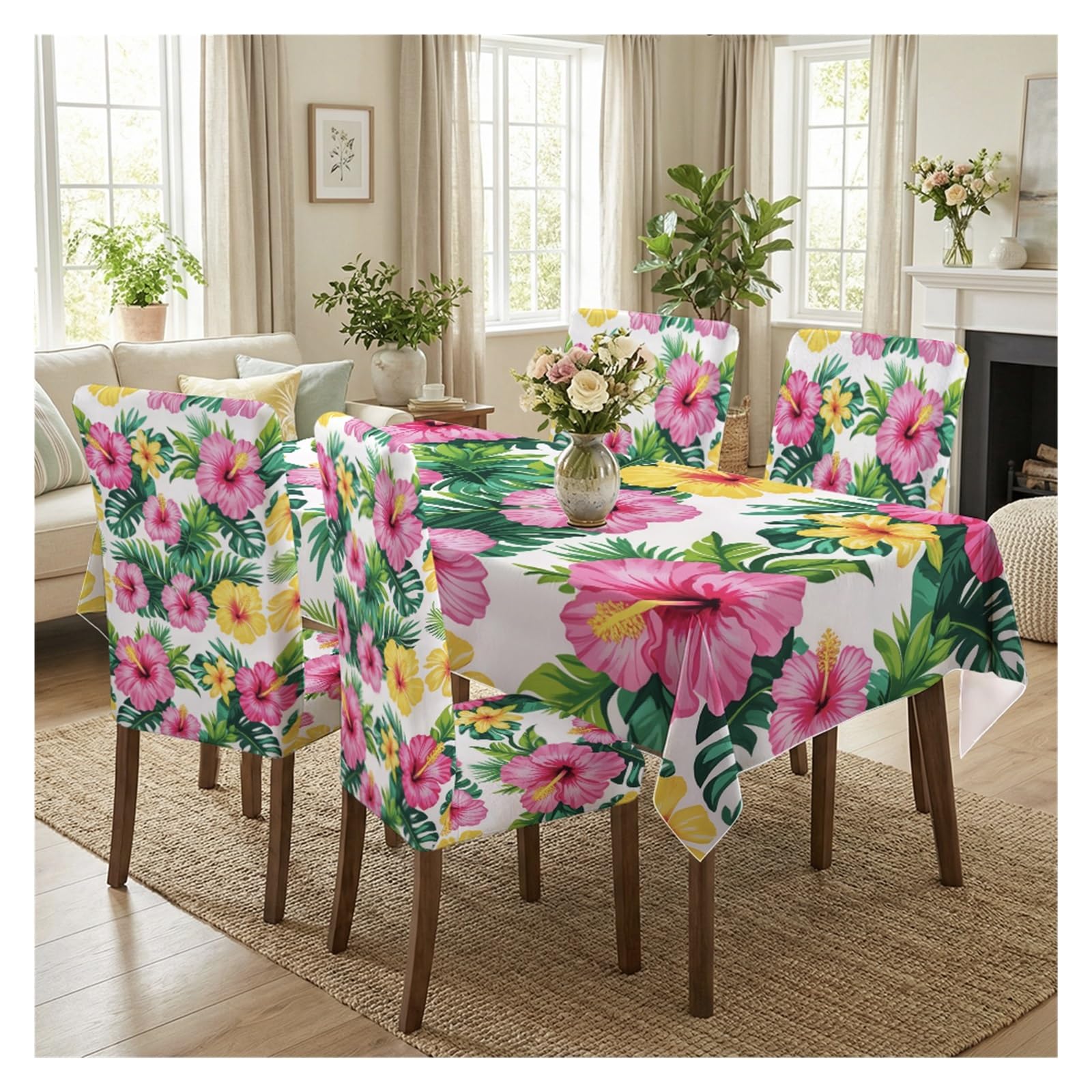KXUAUV Tropical Hibiscus Print Stretch Dining Chair Covers Tablecloth Set, For Kitchen Dining Living Room Beach Decor, 5/7 Pack Party Decor(5pcs Set: Tablecloth+Chair Covers)