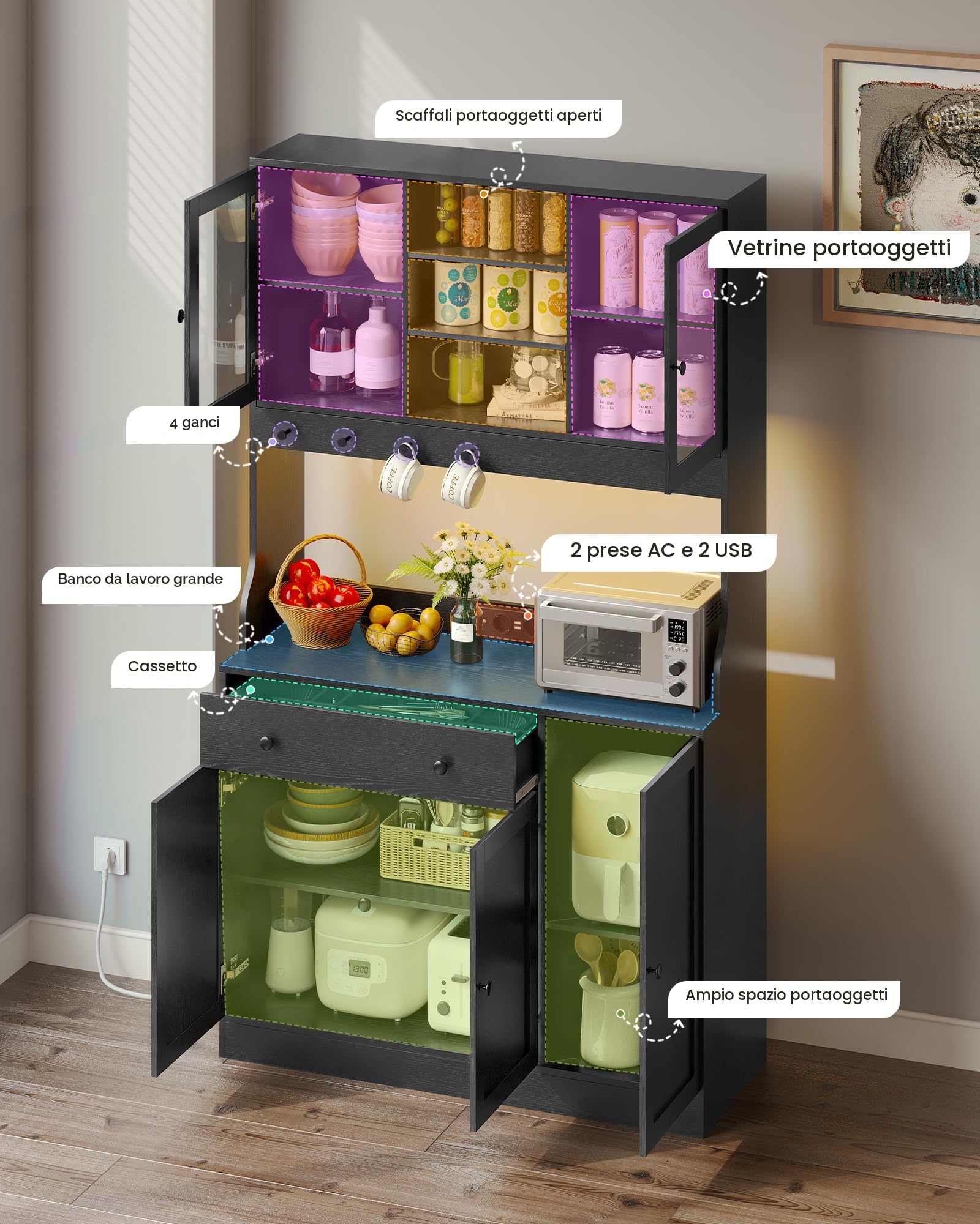 Credenza, Credenza Cucina con LED, Presa Elettrica, Ripiani Regolabili, Mobile Buffet con Cassetti, Armadio da cucina, Piano di Lavoro, Grande Spazio, Cucina, Sala da Pranzo, 103.5*40*180 cm, Nero