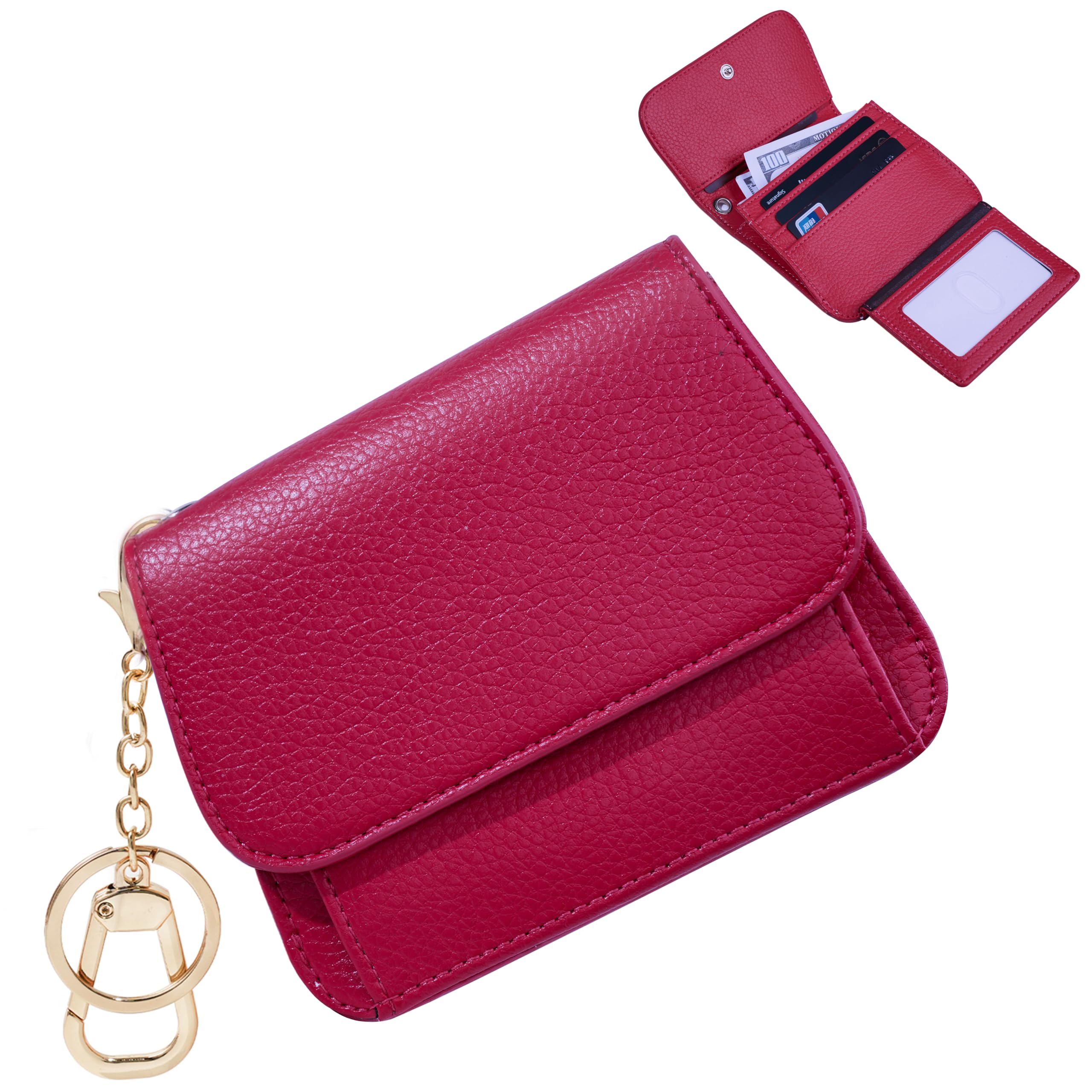 Sunpour Women Small Wallet RFID Blocking Slim Wallet with Coin Pocket Tri-Fold Credit Card Holder with ID Window and Keychain (Red)