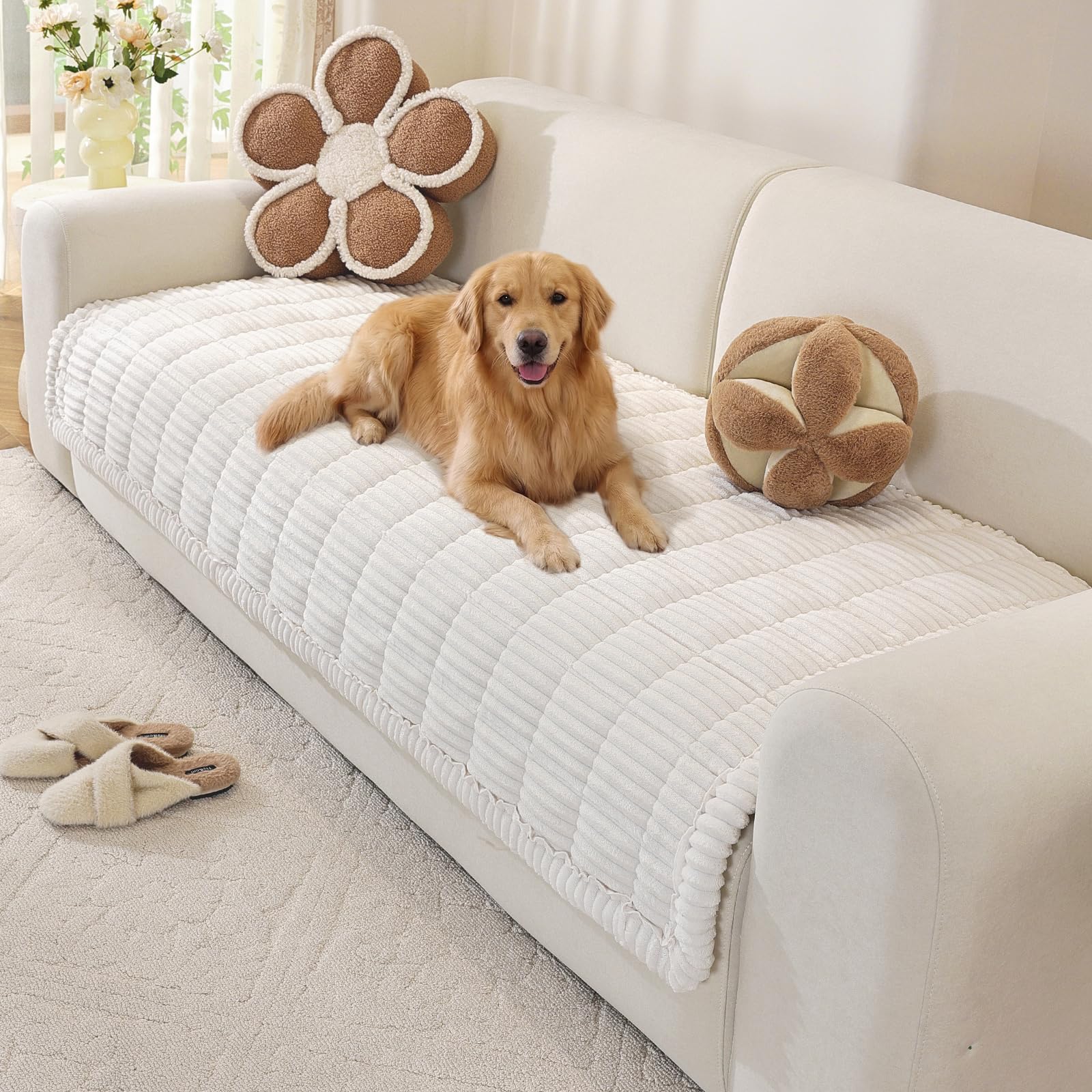 OstepDecor Sofa Covers 2 3 4 Seater, Pet Sofa Cover, Settee Covers, Couch Protectors for Dogs, L-Shaped Corner Couch Cover, Thick Soft Corduroy Fuzzy Pads for Pets and Kids (White, 90x160cm) โ image 1