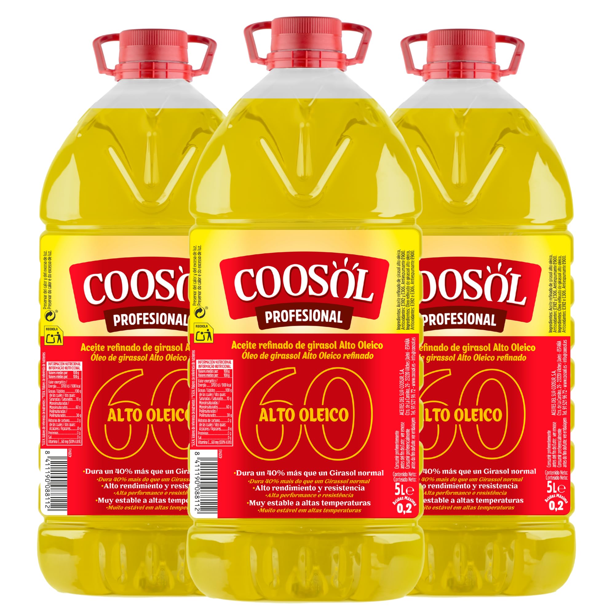 Pack Aceite de Girasol Alto Oleico 60% 3x5 L. Mayor Durabilidad y Ahorro por Uso. Menos Desgaste y Mayor Vida Útil en Frituras. Vitamina E y Antioxidantes. Coosol Profesional.