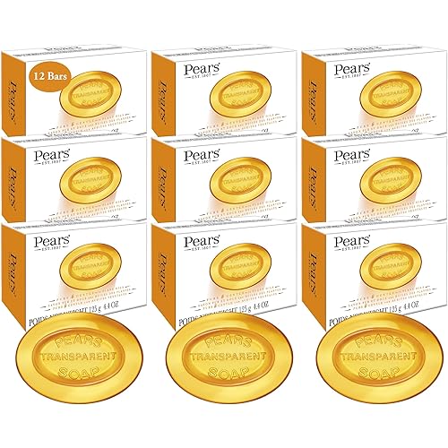 Pears Soap, Pure & Gentle with Natural Oils, 12-Pack – Transparent Amber Glycerin Soap for Pampered, Glowing Skin, 4.4 Oz Ea