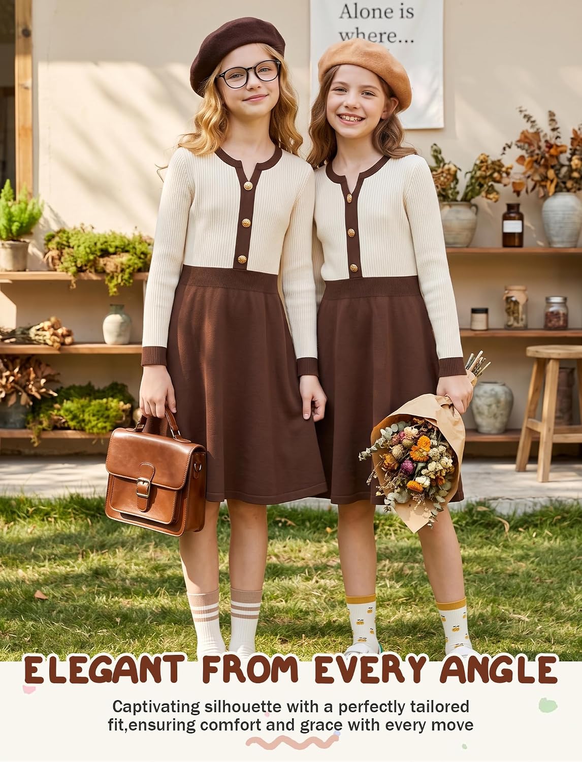 HOZIY Girls Fall Sweater Dress V Neck Knit Button A Line Contrast School Casual Holiday Winter Long Sleeve Dresses 6-14Y