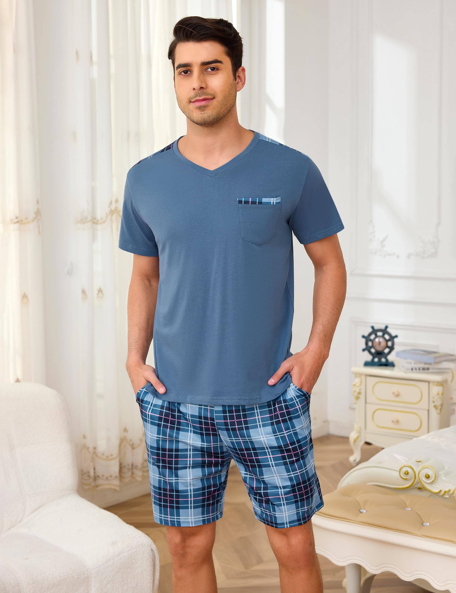 Litherday Pijama Hombre Corto de Algodón Verano Conjunto Manga Corta con Bolsillos y Pantalón a Cuadros Suave y Cómodo 2 Piezas