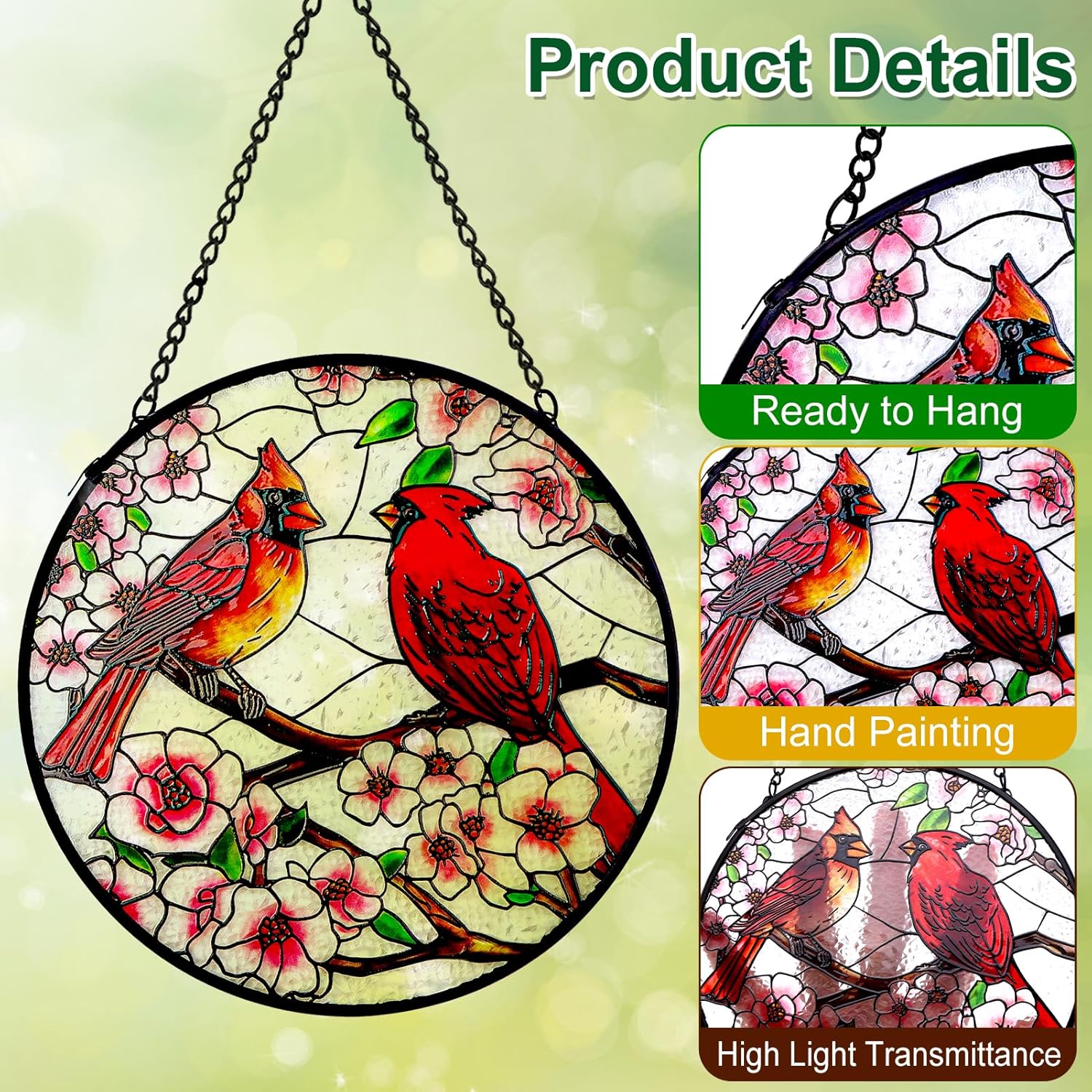 Remiawy Cardinal Stained Glass Window Hanging, 12 Inch Sun Catcher Glass Panel with Metal Chain and Hooks Suncatcher Indoor Window Wall Art Home Decor Gift for Bird Lovers Women Mother's Day Christmas