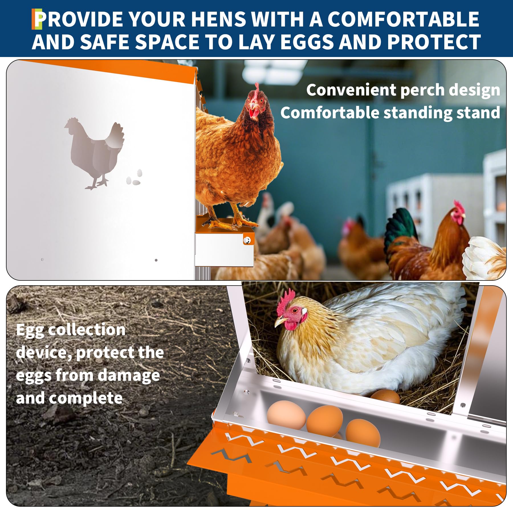 Garvee Nido per Galline Ovaiole a 6 Scomparti, Cassetta Nido in Acciaio Zincato con Supporto e Vassoio Estraibile, Design Roll-away per Raccolta Uova Sicura, Antiruggine e Durevole, Arancione